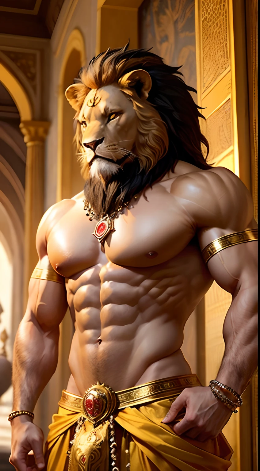 A fantasy image of a robust man with the face of a lion, (ferocious lions face:1.3), roaring, wearing gold ornaments, shirtless, wearing a yellow ornate dhoti, standing in a palace, upper body, front view