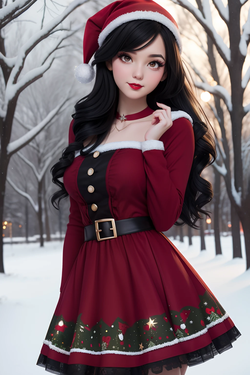 Christmas girl, black long hair Emo Pin up Girl, christmaa dress, Striking a pose, natural make up, skinny girl, innocent, in a snowy park heavenly