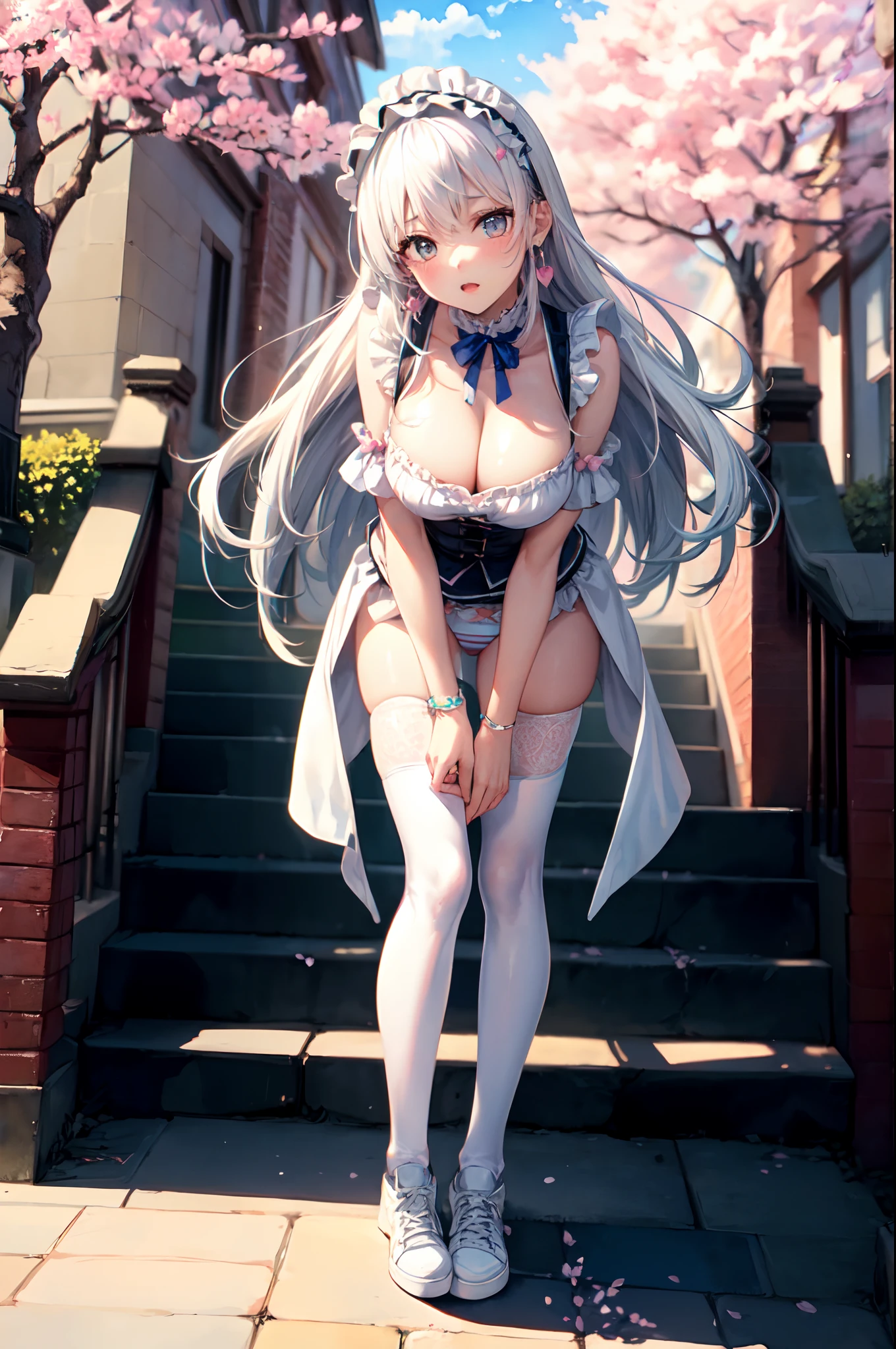 (masterpiece, best quality, supeior quality, intricate details, beautiful, aesthetic:1.2), high quality, 8k, RAW, ultra details, extremely dellicate and beautiful, real shadow, (dark colors:1) (challenging look), (dinamic pose:1.8), photorealistic, highly detailed painting, award winning painting, marvelous painting, artistic style, stylized, full body, kawaiitech, (((white hair))), long hair, ((((sakura in hair)))), pastel colors, kawaii, large breasts, cute, kawaii, adorable, Flirty, clouds, blue sky, sun, landscape, (((city street))), daytime, sakura trees, perfect hands, cinematic light, (((watercolor))), maid uniform, frills, lace trim, ta hairband, sneakers, white shoes, thighhighs, striped legwear, earrings, sakura earrings, striped thighhighs, pink thighhighs, standing, legs apart, panty shot, leaning forward, cutesy pose, head tilt, hearts, stars, cute colors, glitter, ,shimapan, cotton panties,kawaiitech, pastel colors, kawaii, cute colors,