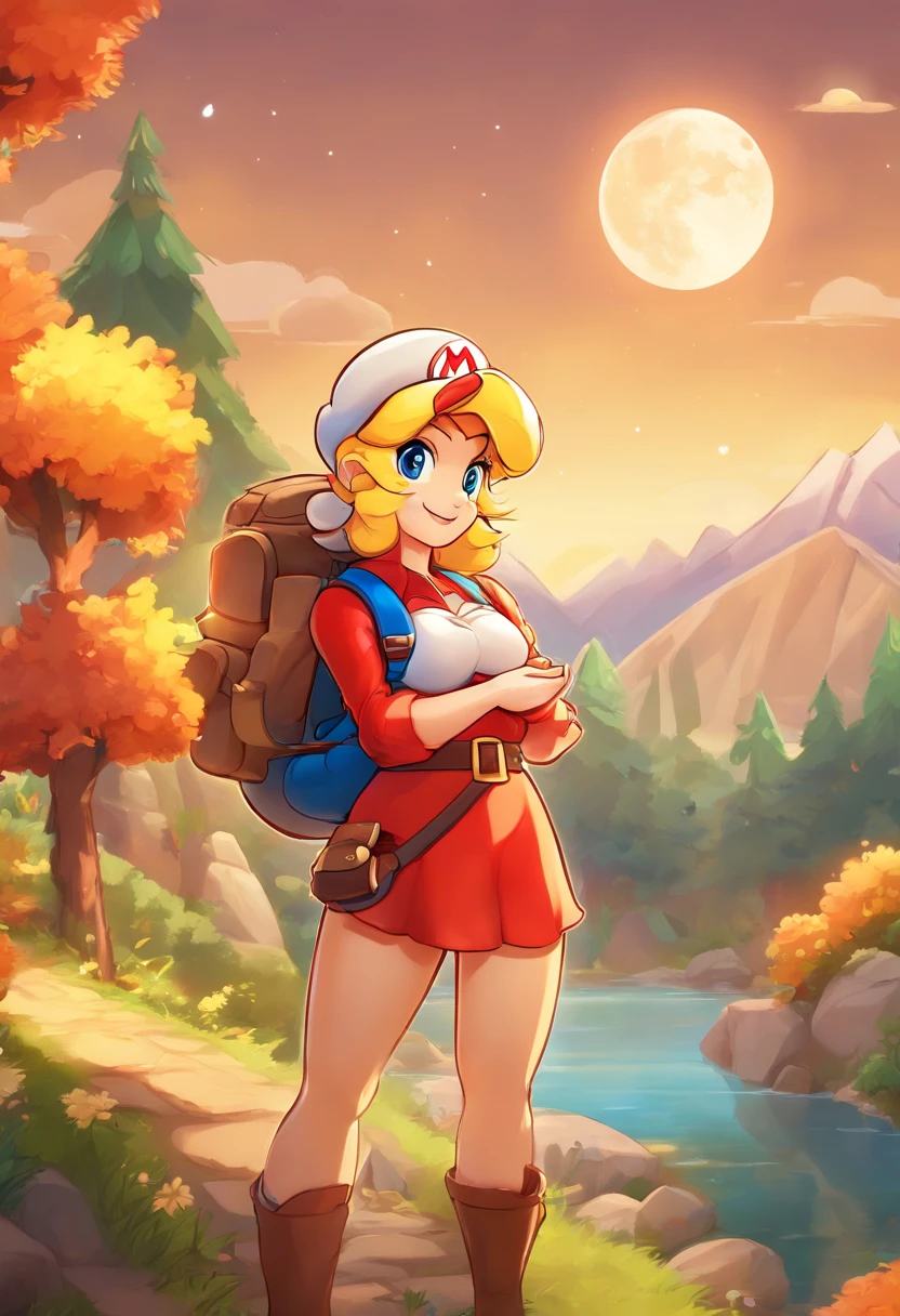 1 blonde woman only face((upper body selfie, happy)), masterpiece, best quality, ultra-detailed, solo, outdoor, (night), mountains, nature, (stars, moon) cheerful, happy, backpack, sleeping bag, camping stove, water bottle, country boot,red plaid shirt long sleeve open, forest, rocks, river, wood, smoke, shadows, contrast, clear sky, style, (warm hue, warm tone: 1.2), close-up, cinematic light, side lighting, ultra high resolution, best shadow, RAW, upper body, seductive look, huge breasts, 4k, open neckline, sexy