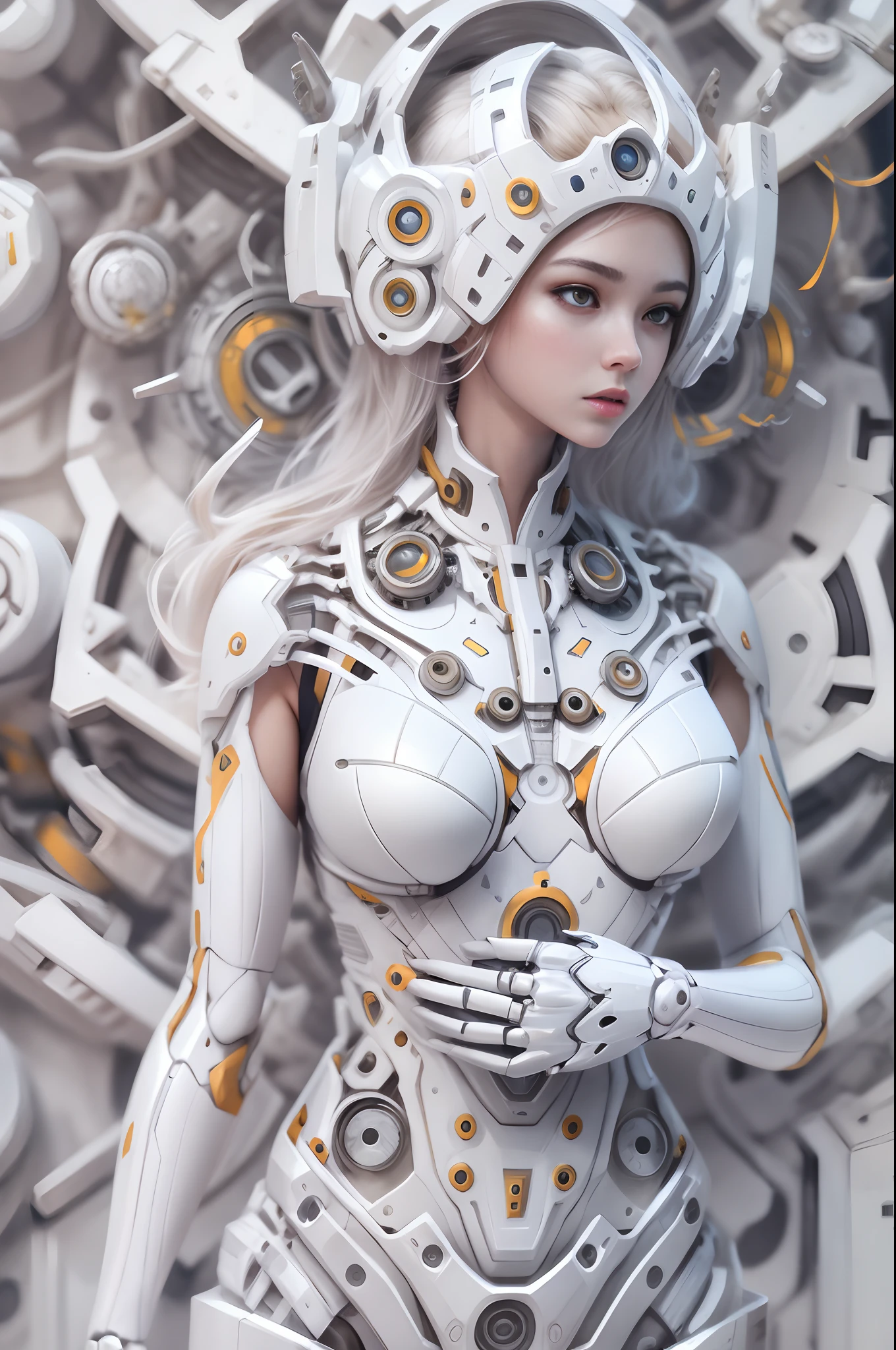 tmasterpiece, high high quality, A high resolution, high textured, 8K, HighDynamicRange，Mechanical style，white theme，(1 cyborg ****ta，anatomy correct，full bodyesbian，standing on your feet，Front view，Woman in futuristic outfit, Beautiful and complex robot character design, Beautiful and charming cyborg ****ta, White biomechanical parts，Chromium biomechanical parts, Beautiful cyborg ****ta，Super delicate female robot, Intricate robots, Neo-futurism with high detail , Biomechanics and complexes, Beautiful ****ta robot, futuristic robot angel, beautiful cyborg angel girl)，Facing the audience，reasonable design，digital illustrations，复杂，Uptrend，pastel colour，award winning photography，hdr，blooms，color difference，真实感，The is very detailed，复杂，high detal，dramatics，Midjourney Art