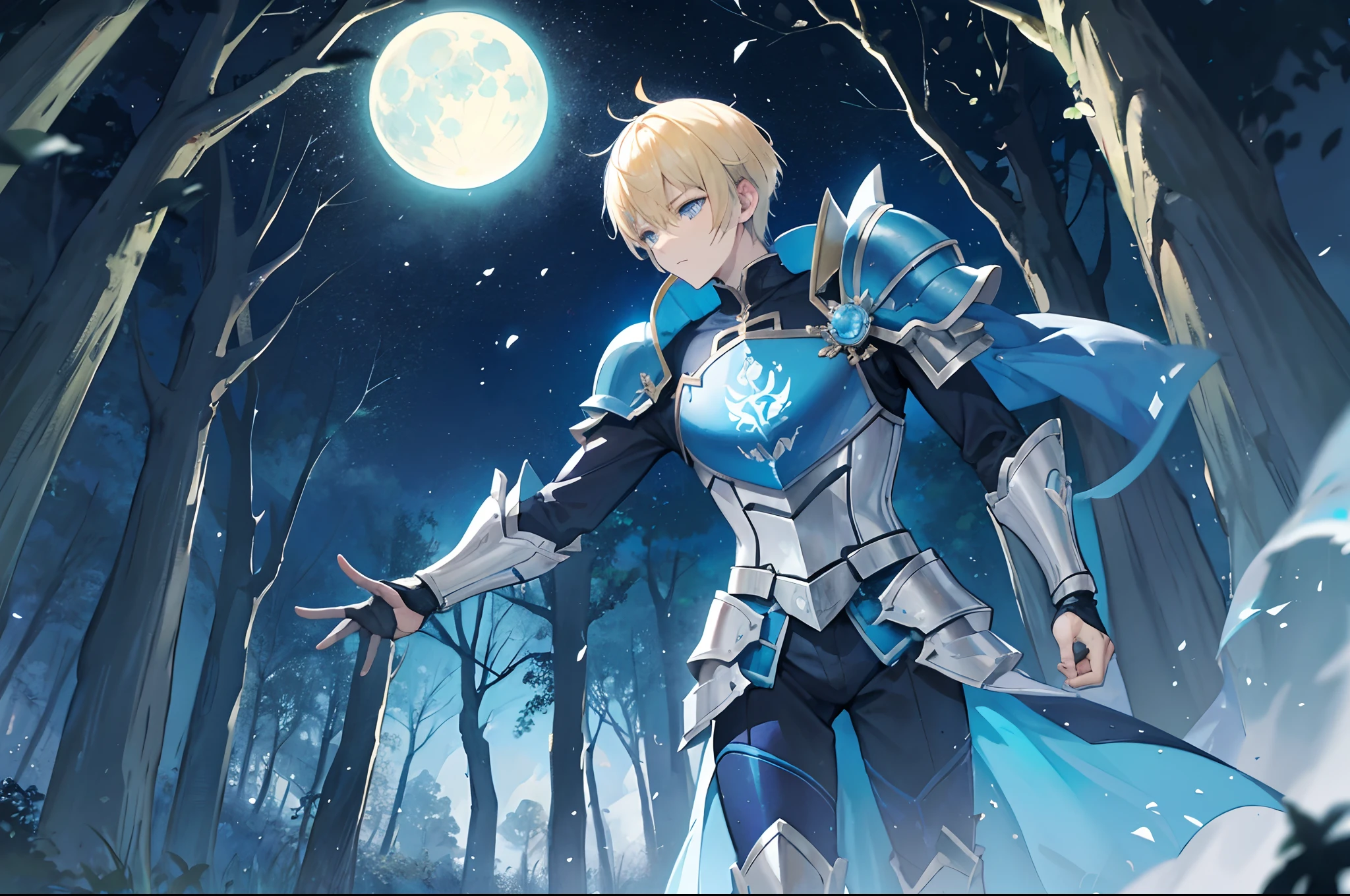 A man in short blonde hair, blue armour was attacked by a magic blade sliced through the air, striking him down in the forest and the moon casting an eerie glow