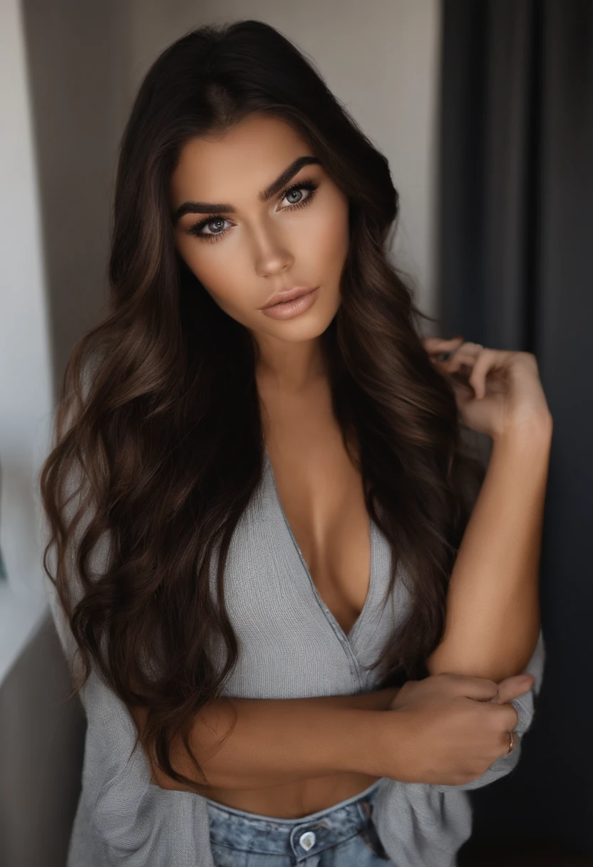 chica sexy desnuda, Retrato Madison Beer, Cabello largo negro y ojos grandes, selfie de una mujer joven, Ojos del dormitorio, sin maquillaje, Maquillaje natural, staring directly into camera, cara con artgram, maquillaje sutil, Impresionante foto de cuerpo completo, En el dormitorio, escote