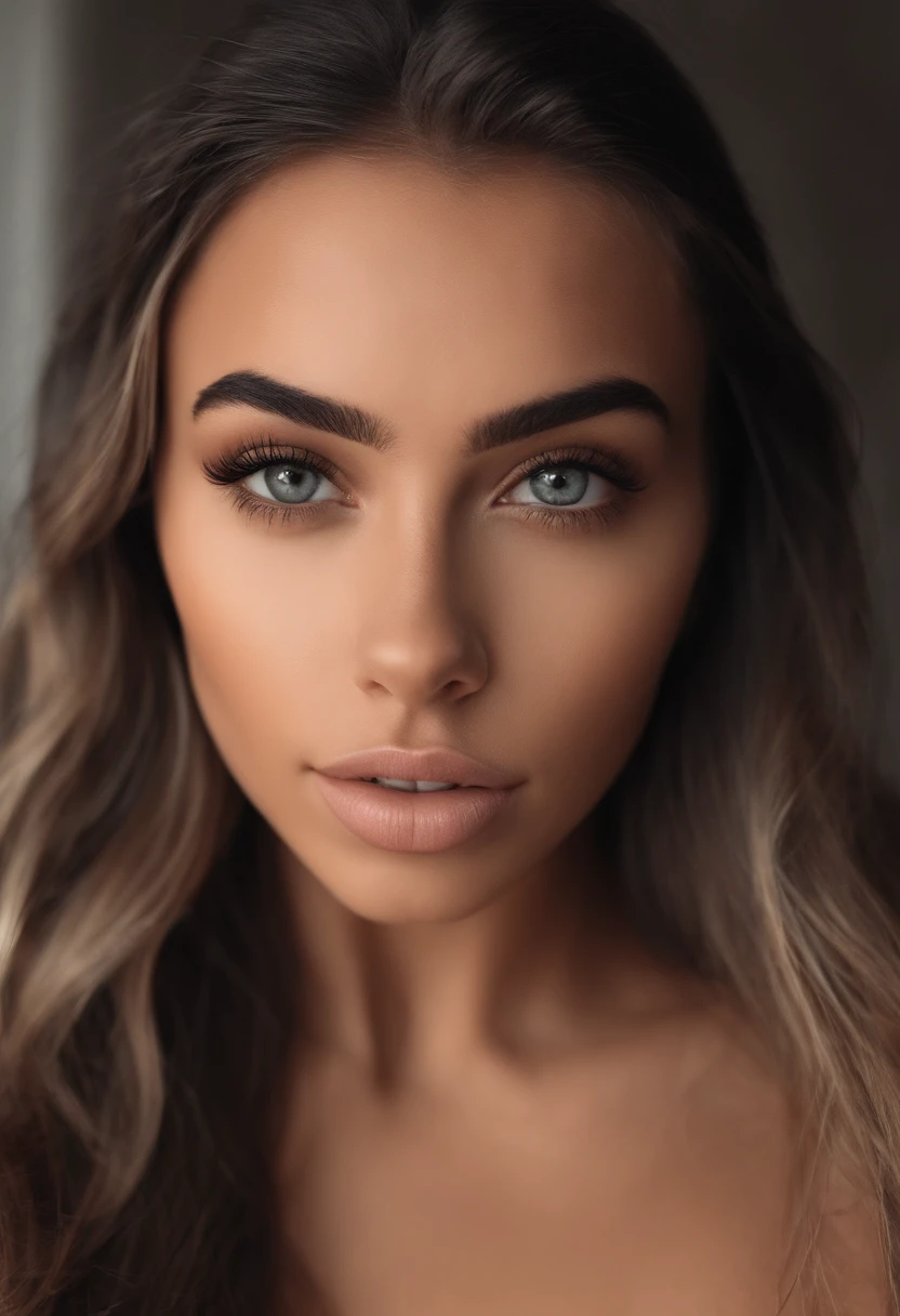 chica sexy desnuda, Retrato Madison Beer, Cabello largo negro y ojos grandes, selfie de una mujer joven, Ojos del dormitorio, sin maquillaje, Maquillaje natural, staring directly into camera, cara con artgram, maquillaje sutil, Impresionante foto de cuerpo completo, En el dormitorio, escote