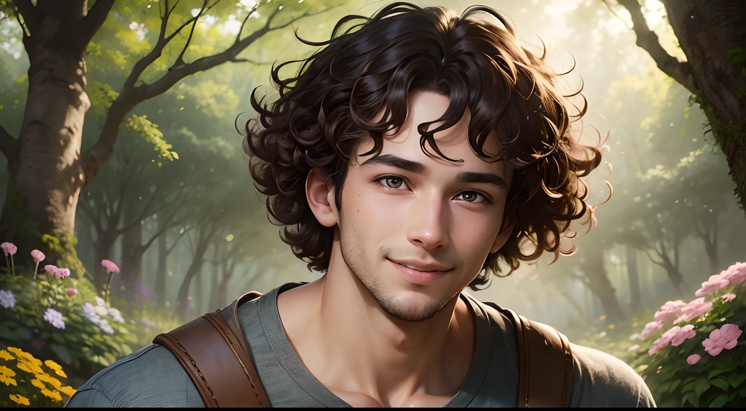 (a 30 year old boy named Kai),beautiful detailed eyes and face,joyful expression,curly hair,playfully jumping,exploring nature,surrounded by bright flowers and tall trees,soft sunlight,portrait,realistic colors,vibrant brushstrokes,HDR lighting.