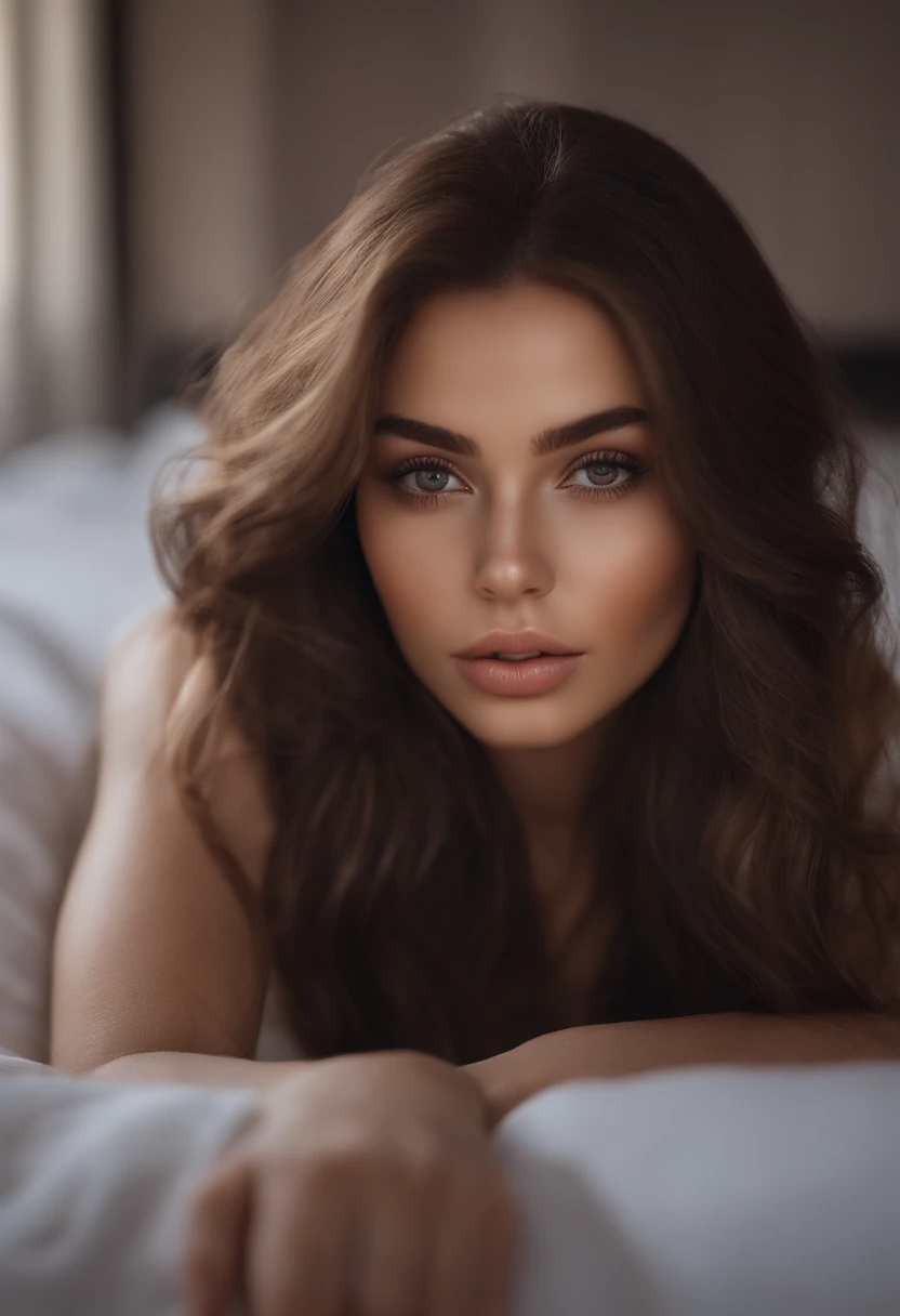arafed woman fully , sexy girl with brown eyes, ultra realistic, meticulously detailed, portrait sophie mudd, brown hair and large eyes, selfie of a young woman, dubai eyes, violet myers, without makeup, natural makeup, looking directly at the camera, face with artgram, subtle makeup, stunning full body shot kneeling on bed, in bedroom, medium to large size bust