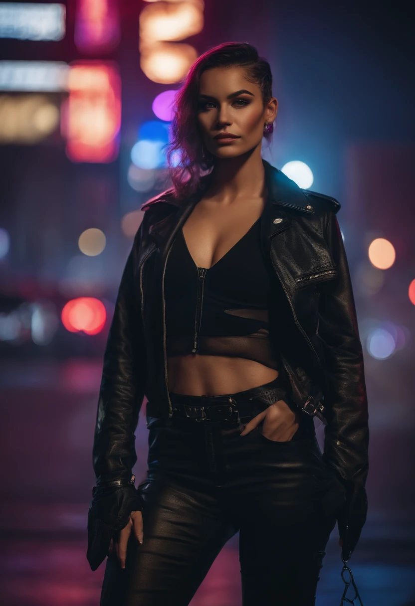 Portrait of emb-haiz, beau visage, Dans Cyberpunk City la nuit. Elle porte une veste ouverte en cuir,lingerie, Jeans noirs, dramatic lighting, (Insigne de police:1.2).