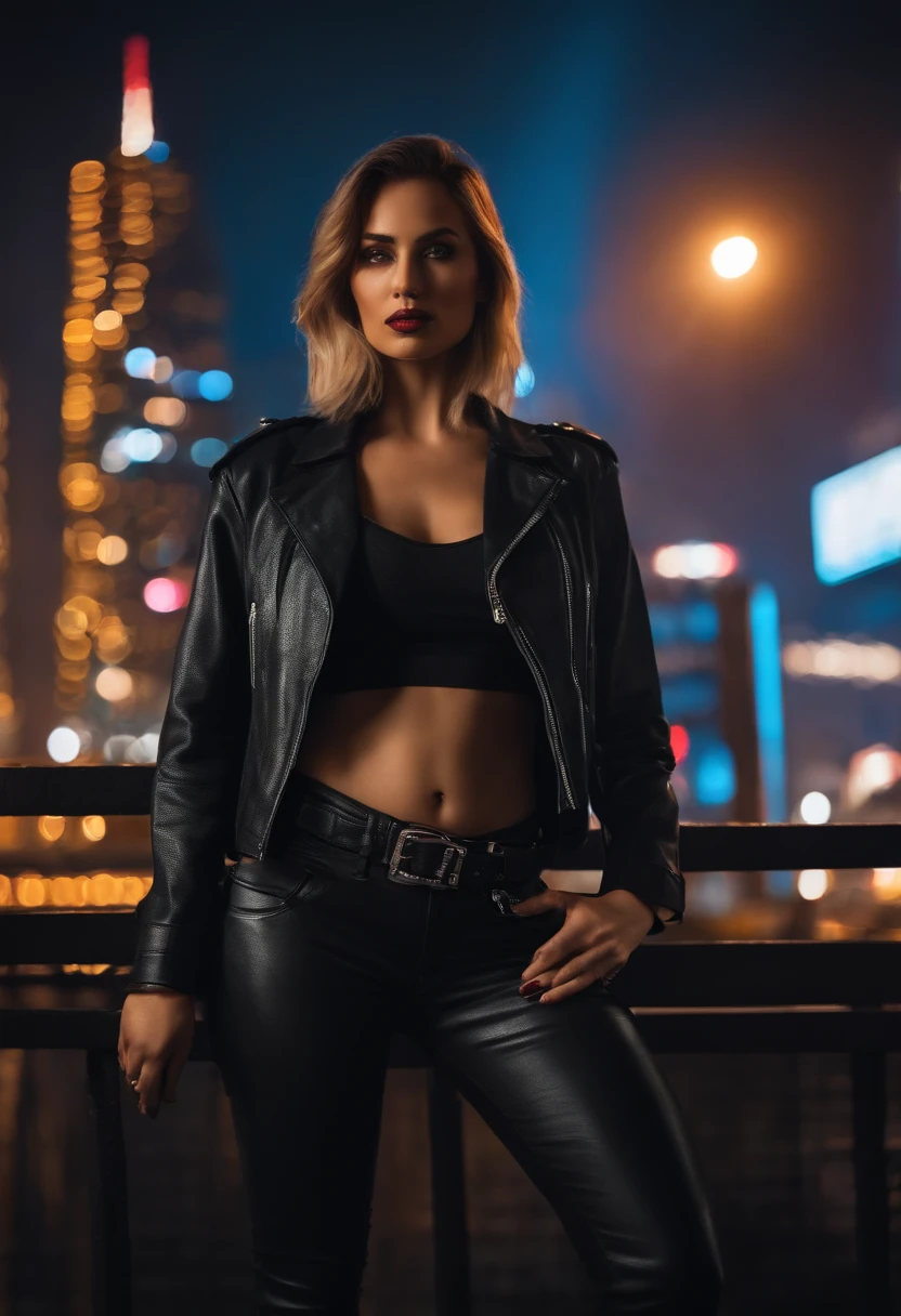 Portrait of emb-haiz, beau visage, Dans Cyberpunk City la nuit. Elle porte une veste ouverte en cuir,lingerie, Jeans noirs, dramatic lighting, (Insigne de police:1.2).