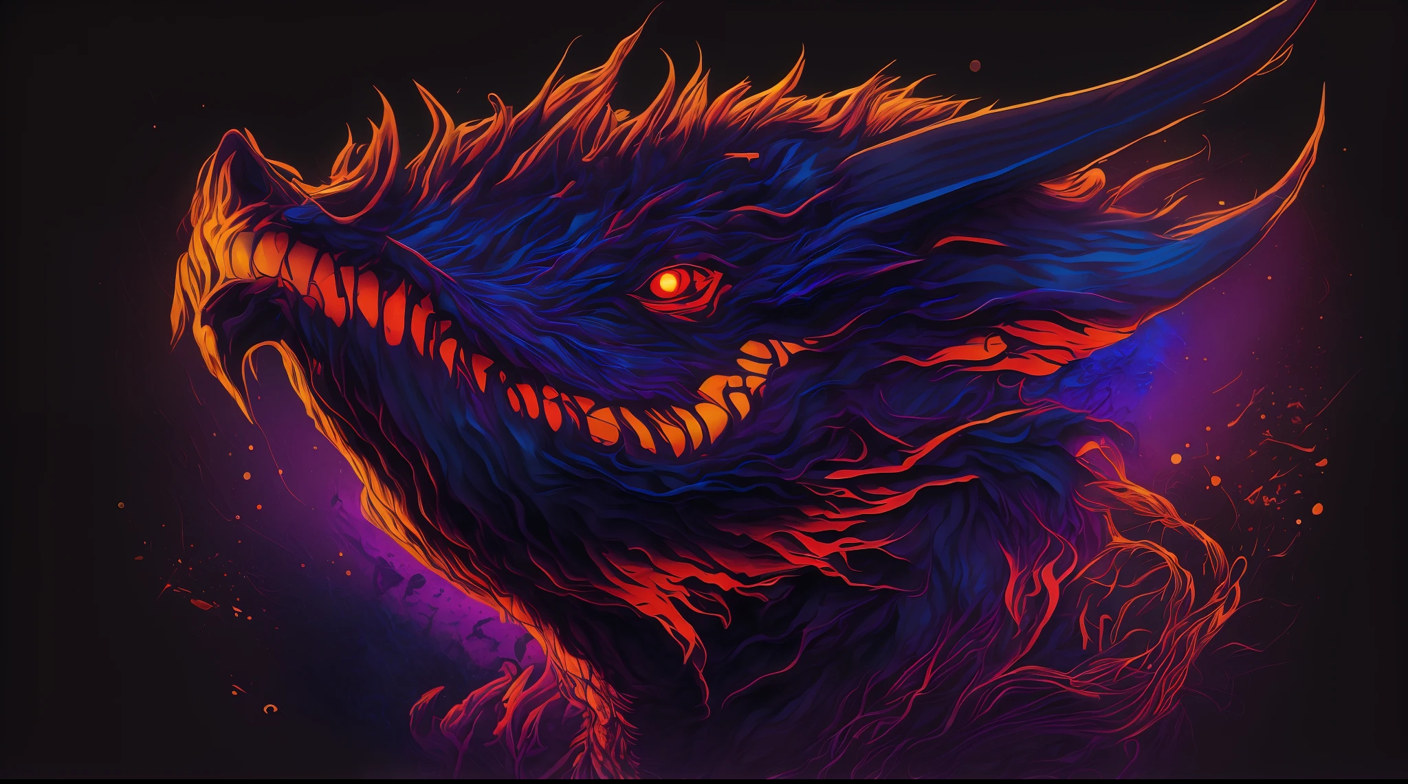 best quality, master part, Dragoned, roxo azul vermelho laranja, cores neon brilhantes em um fundo preto, arte vetorial,