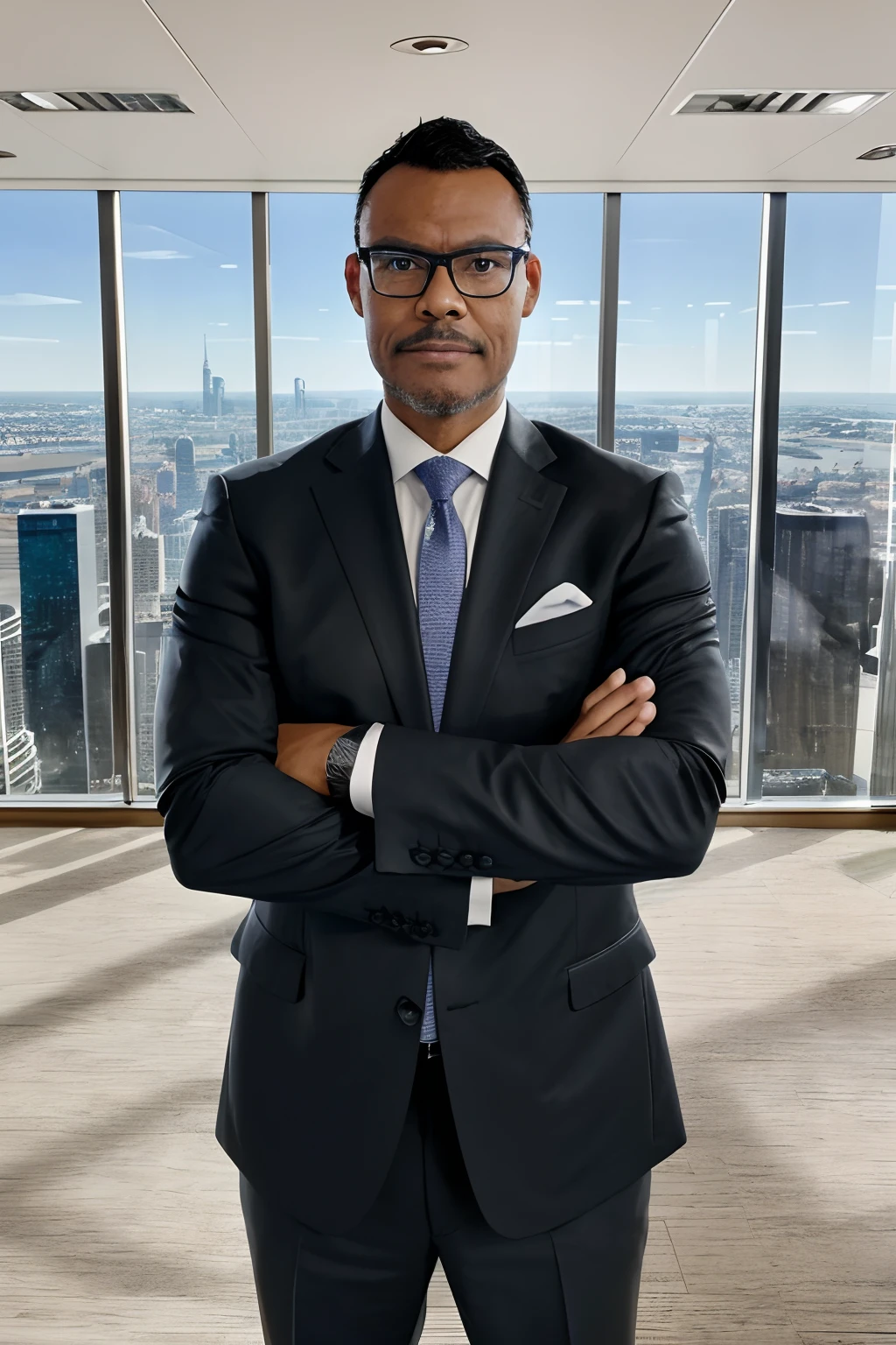 guttonerdvision10, Create a perfect portrait of a man wearing glasses, dressed in a sharp black suit, with a subtle smile. He is standing with arms crossed, exuding a confident pose in his office located in a high-rise building with large glass windows. The backdrop showcases the city below, with intense blurring of the surrounding buildings. This photograph is intended for advertising a real estate broker. Ensure high-definition details in the face, clothing, and office surroundings. Utilize studio lighting techniques to achieve perfect illumination.