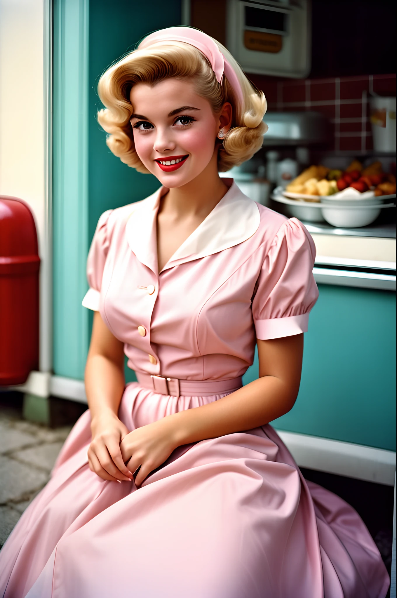 Portrait of a beautiful young housewife, smiling, wearing a pastel pink dress, The picture is taken with an analog camera in the 1950s. People wearing traditional 50s style clothes, people having traditional 50s haircuts, Photo by William Eggleston, 50s look, highly detailed, slightly washed out pastel color, slightly blurred, slightly grainy, film photography