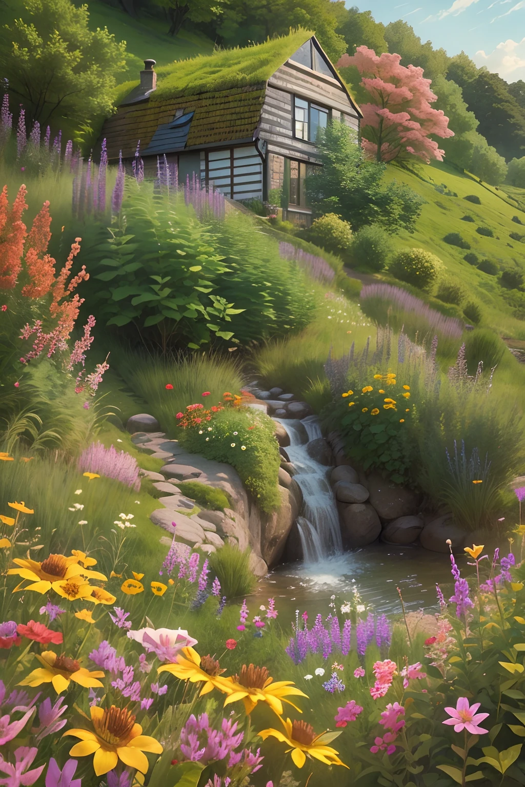 A holiday cottage on a hill wave in the middle of the city, wildflowers,There is a stream next to it
