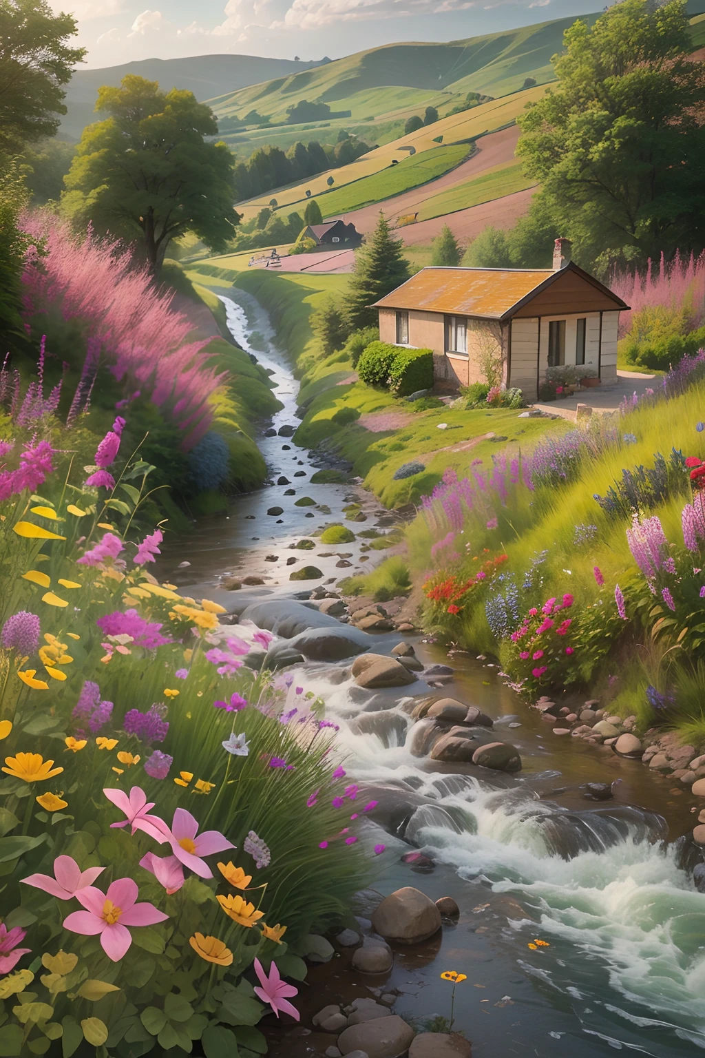 A holiday cottage on a hill wave in the middle of the city, wildflowers,There is a stream next to it