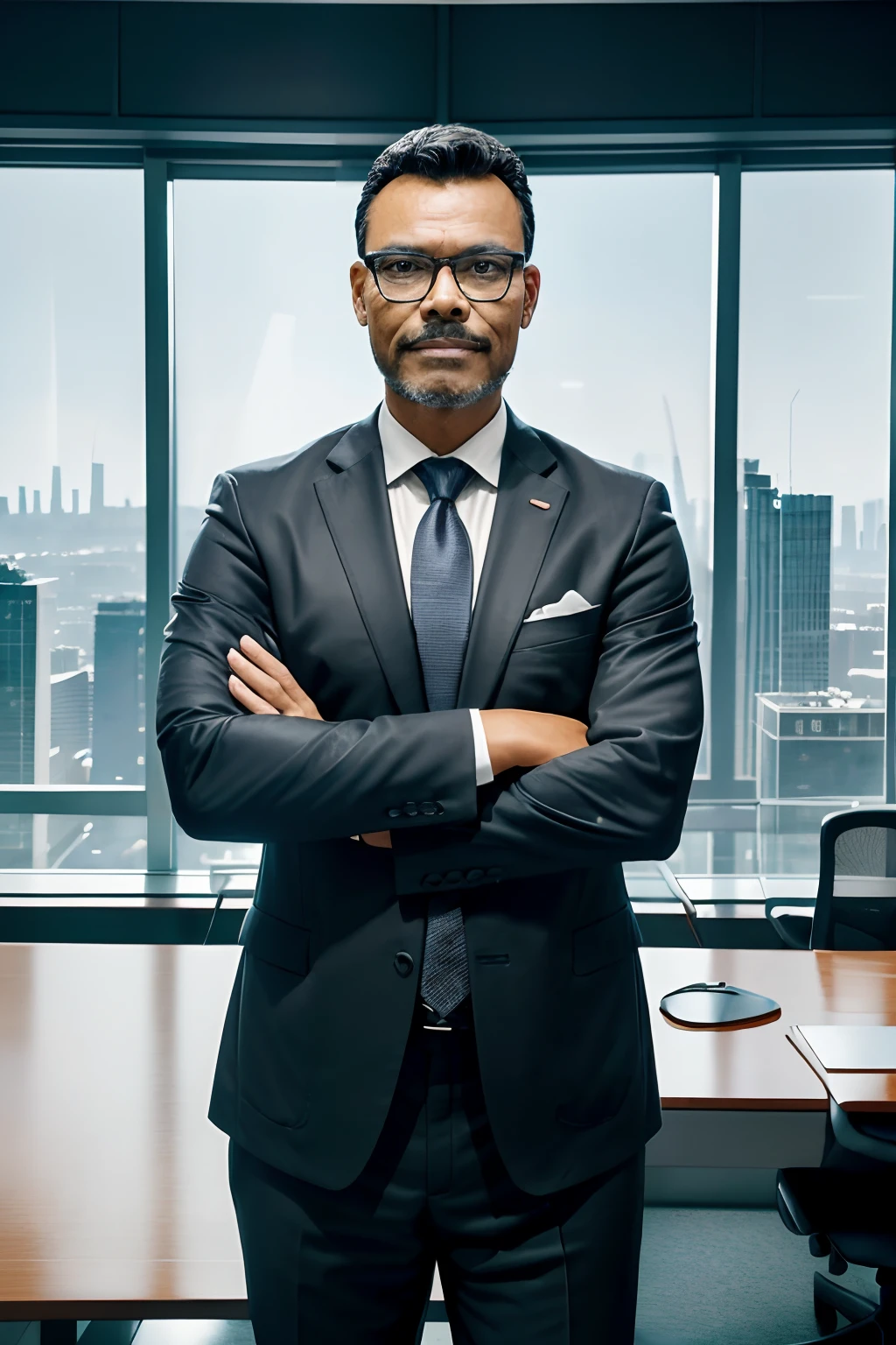 guttoepic2, Create a perfect portrait of a man wearing glasses, dressed in a sharp black suit, with a subtle smile. He is standing with arms crossed, exuding a confident pose in his office located in a high-rise building with large glass windows. The backdrop showcases the city below, with intense blurring of the surrounding buildings. This photograph is intended for advertising a real estate broker. Ensure high-definition details in the face, clothing, and office surroundings. Utilize studio lighting techniques to achieve perfect illumination.