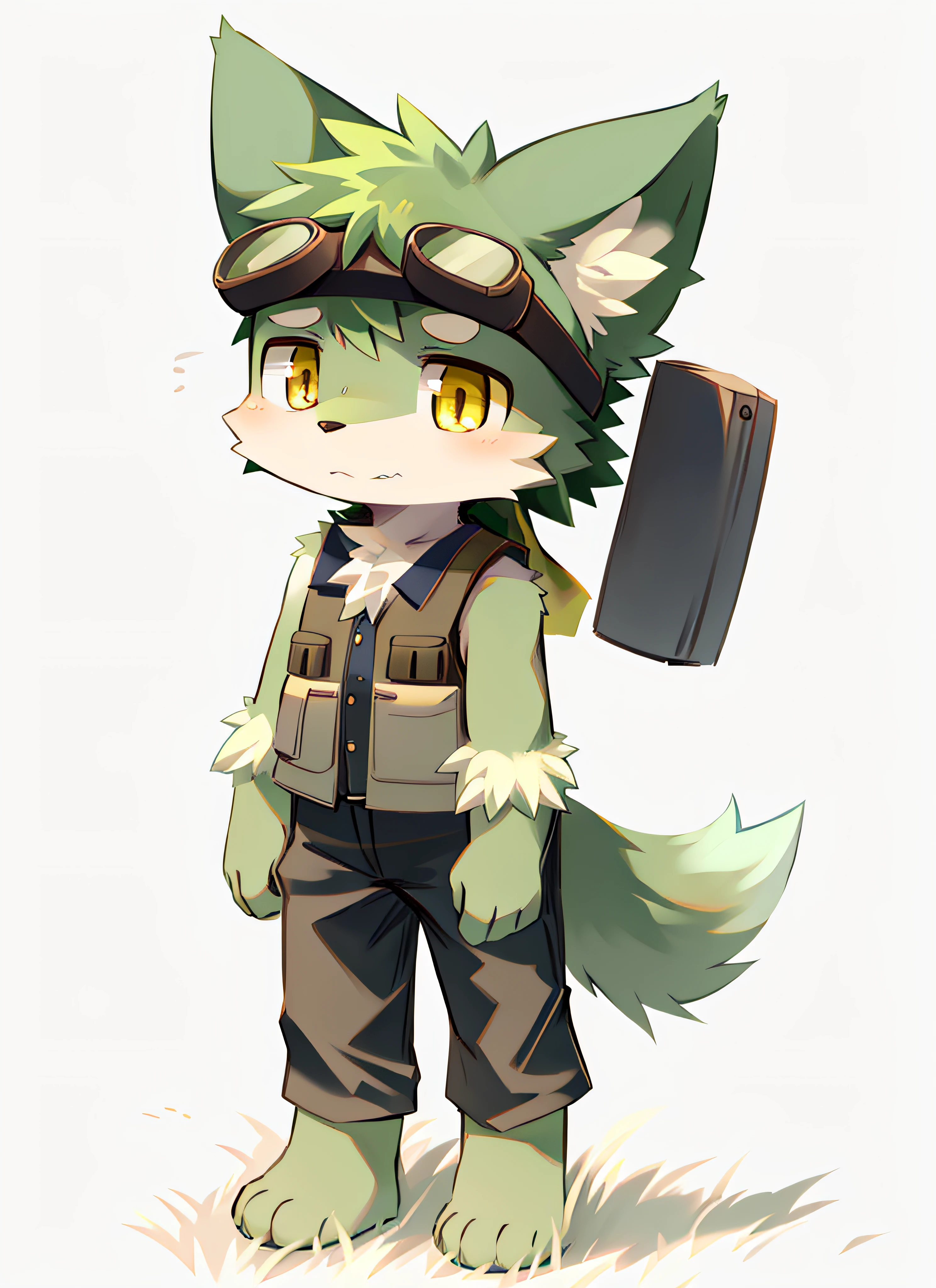 kemono, light golden yellow fur, dark yellow eyes, wolf ears, Khaki welding goggles, Khaki Sleeveless Vest, yellow scarf, full body, simple background, black shorts, lawn, grassland, step on grass, trample on grass, meadow, meadowland, grassland, cute, , chihild, chil innoceovely, cub, Standing on the lawn. Serious expression, Serious Eyes, green grassland, green lawn, green grass. lawn, grassland, step on grass, trample on grass, lawn, grassland, step on grass, trample on grass, lawn, grassland, step on grass, trample on grass. Grass that has been trampled flat; Grass that has been trampled flat.
