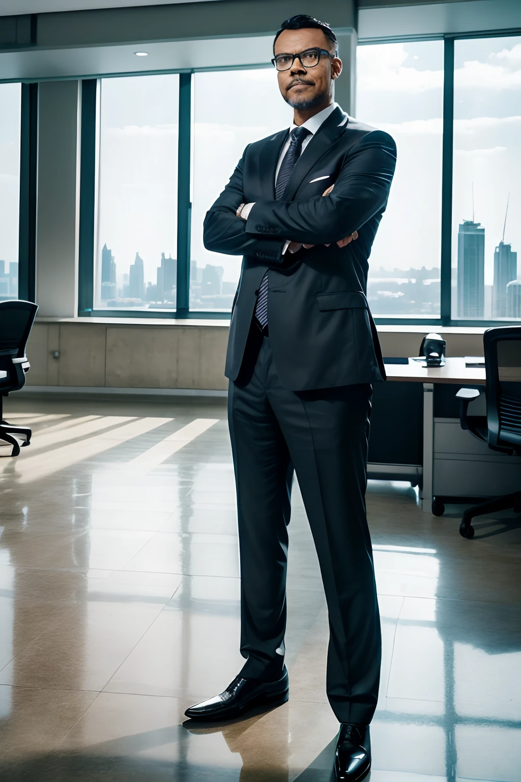 guttoepic2, Create a perfect portrait of a man wearing glasses, dressed in a sharp black suit, with a subtle smile. He is standing with arms crossed, exuding a confident pose in his office located in a high-rise building with large glass windows. The backdrop showcases the city below, with intense blurring of the surrounding buildings. This photograph is intended for advertising a real estate broker. Ensure high-definition details in the face, clothing, and office surroundings. Utilize studio lighting techniques to achieve perfect illumination.