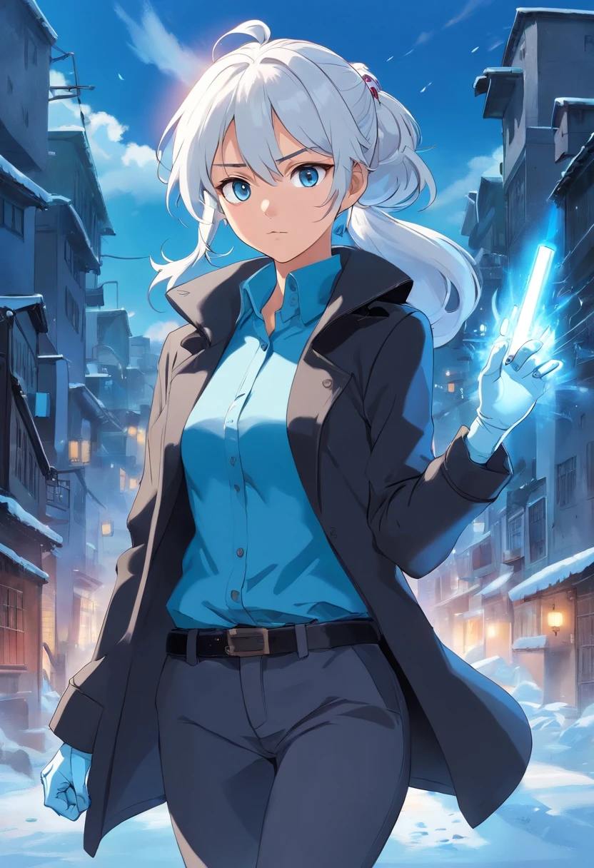 A young woman of 17 years with white hair with light blue and black details like ponytail black eyes a white apocalypse style blouse with black coat a long gray pants with tired and angry look with a scar on the face a relaxed posture holding a white pistol with light blue details with ice power, a light blue glove on his right hand ,uma faca