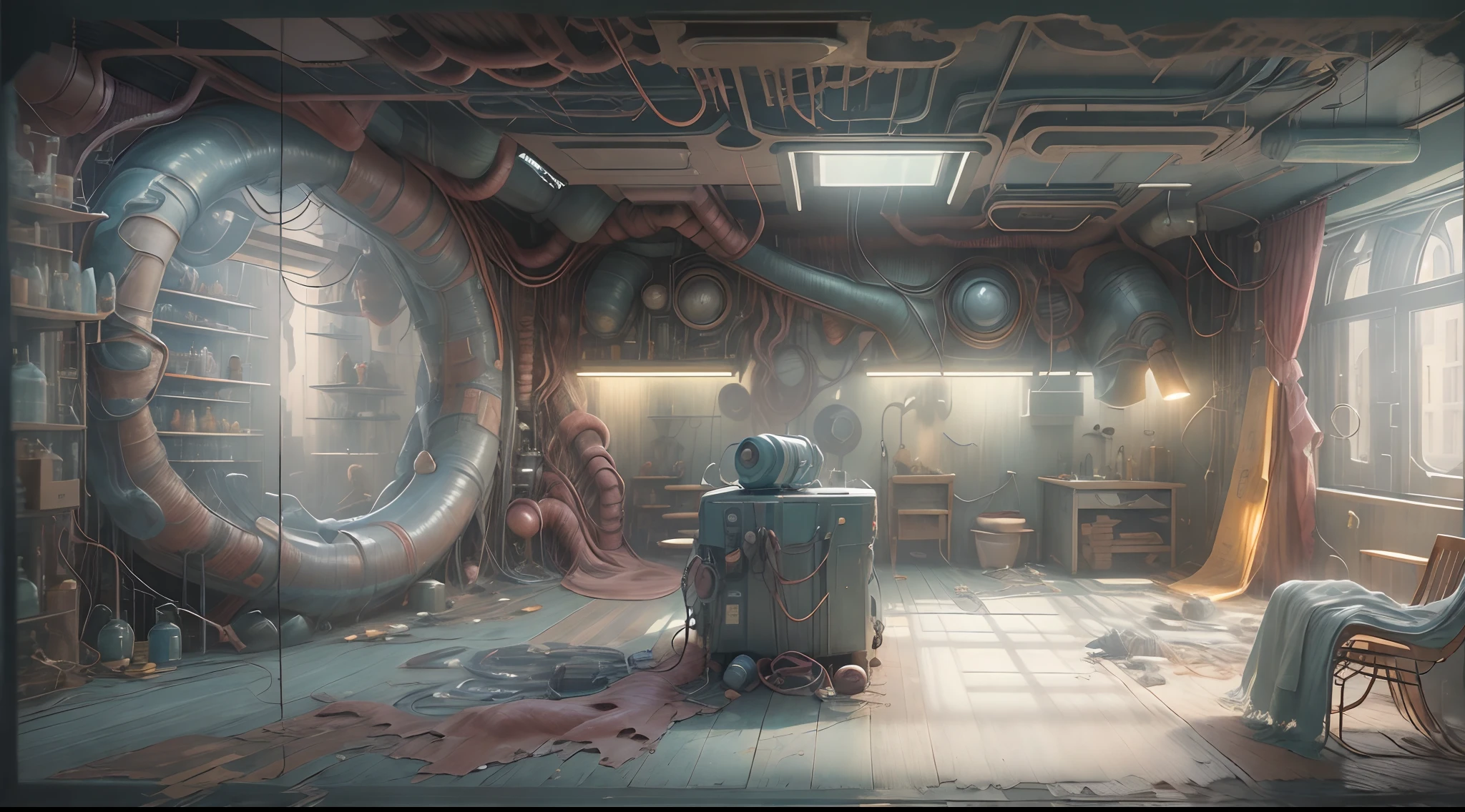 best qualtiy,tmasterpiece,超高分辨率,(photograph realistic:1.4), spacious,A detailed,Biopunk AI:Repair room