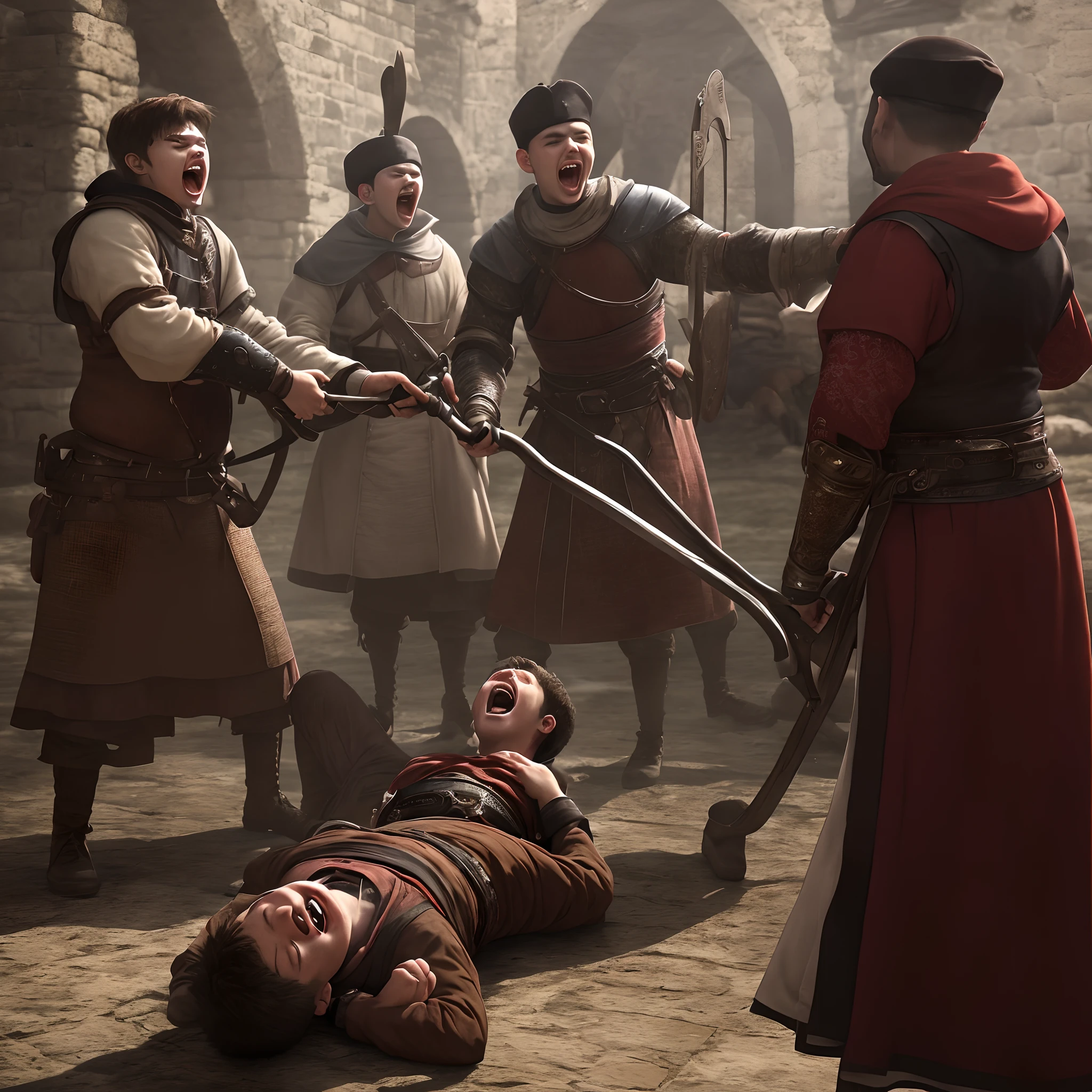 A young boy screaming in agony pinned down by two guards with another guard holding a hot iron, medieval, photorealistic, realistic, 4k, 8k, Ottoman setting