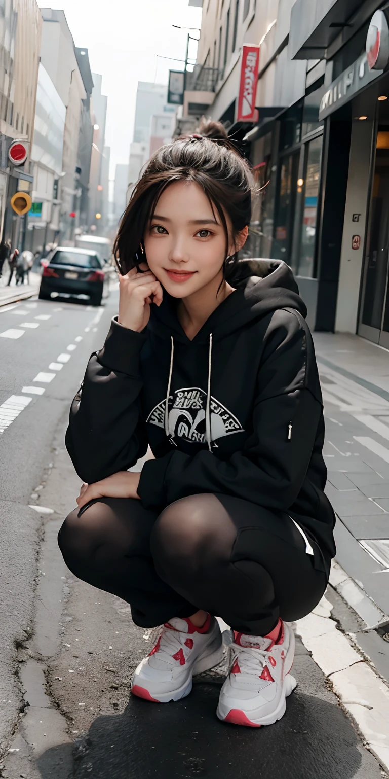 Beautiful woman wearing black hoodie plain, detailed body, masterpiece,full body,look at camera,jordan shoes,squat, details , smiles, blushes