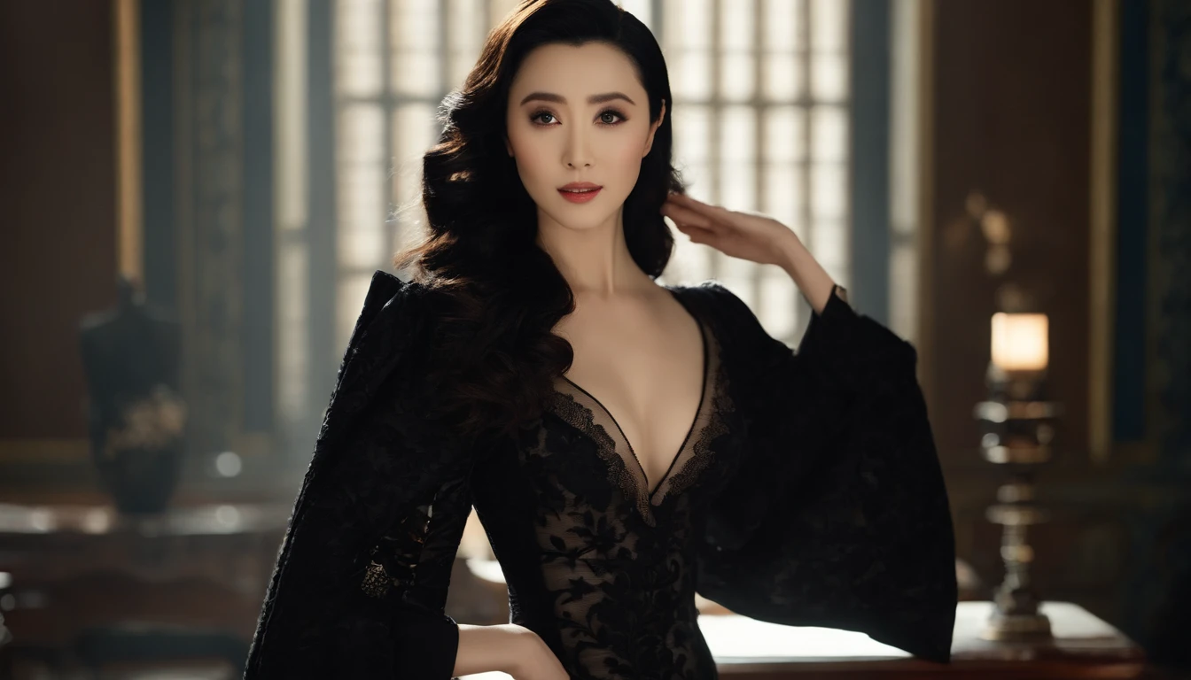 (Star Fan Bingbing)Frontal whole body,A woman wearing a black lace tight dress, Translucent clothes,Beautiful curves,Beautiful character painting, (medium chest circumference,cleavage),Fair complexion, ,Slender and graceful, beautifullegs, super sharp focus, realistic lens, matte painting portrait shot, Rendu portrait 8k, Beautiful digital artwork, Digital painting for film,,Naturally moving,Realistic,超高分辨率