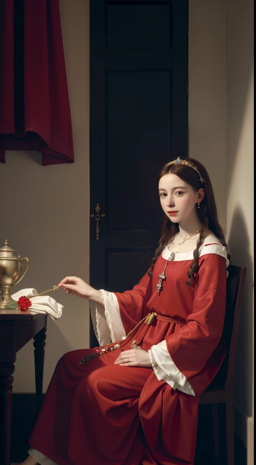 a painting of a woman in a red and white robe holding a rosary, virgin mary, inspired by Petrus Christus, portrait of virgin mary, by Petrus Christus, inspired by Geertgen tot Sint Jans, unknown artist, johannes vemeer, inspired by Mathieu Le Nain, majestic saint woman, masterpiece, zurbaran, dutch masterpiece
