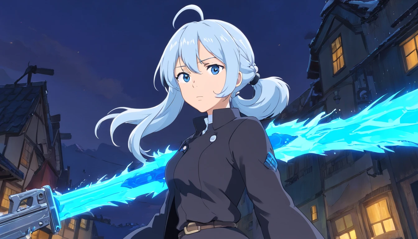 A young woman of with white hair with light blue and black details like ponytail black eyes a white apocalypse style blouse with black coat a long gray pants with tired and angry look with a scar on the face a relaxed posture holding a white pistol with light blue details with ice power, a light blue glove on his right hand ,uma faca