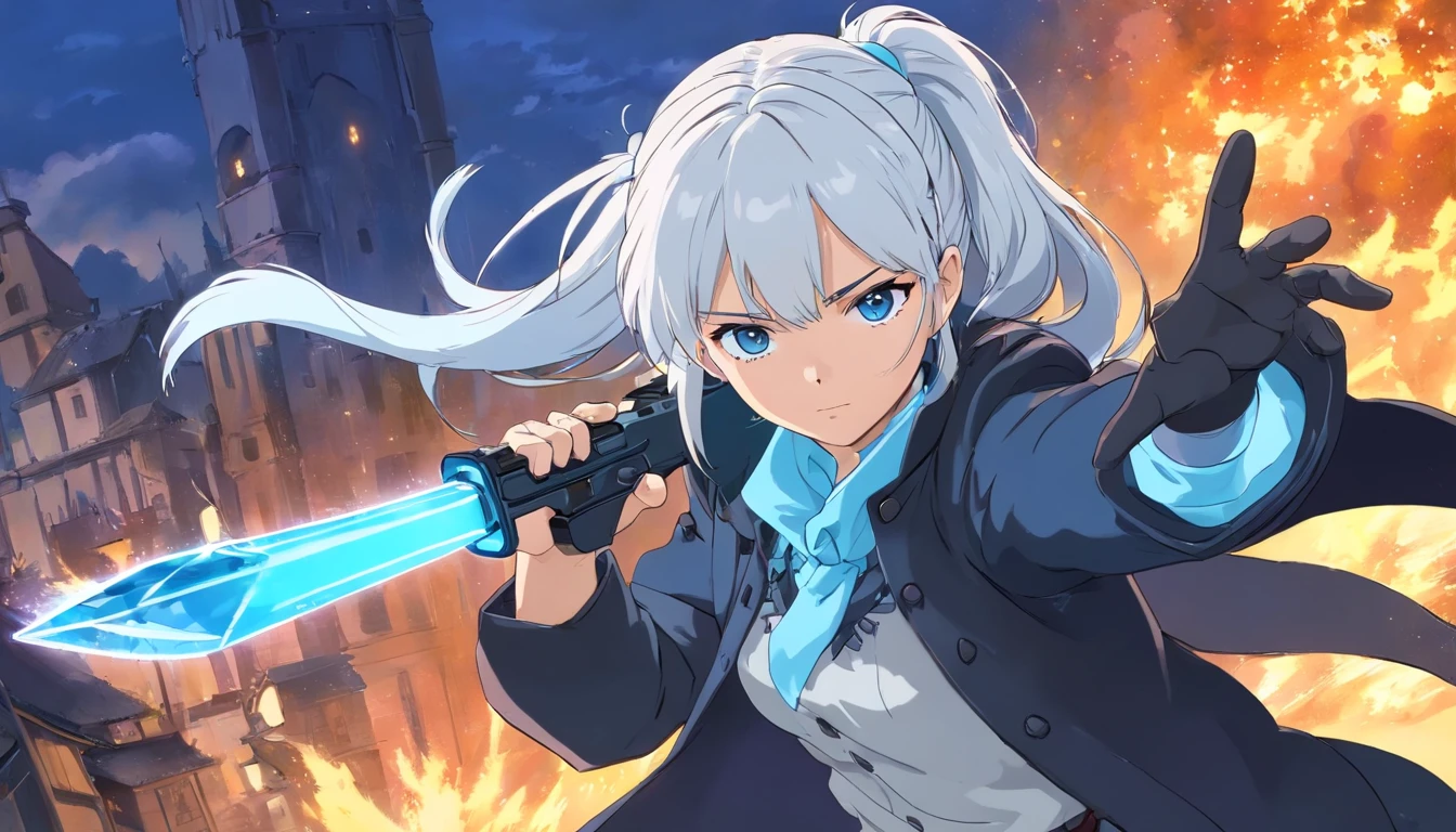 A young woman of with white hair with light blue and black details like ponytail black eyes a white apocalypse style blouse with black coat a long gray pants with tired and angry look with a scar on the face a relaxed posture holding a white pistol with light blue details with ice power, a light blue glove on his right hand ,uma faca