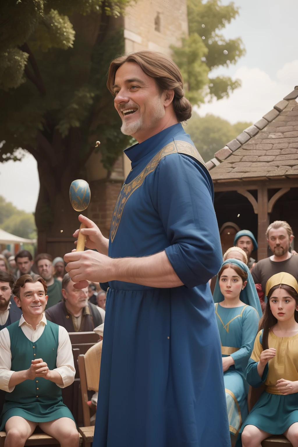 Year: 11th century. Location: Farnham, England. Pre-raphaelite scene with a 50-year-old man performing ((juggling)), show, audience watching, fun, smiles, outside in the plaza, ((((11th century poor tunic)))) ((11th century hairstyle)), (((cinematic style)))
