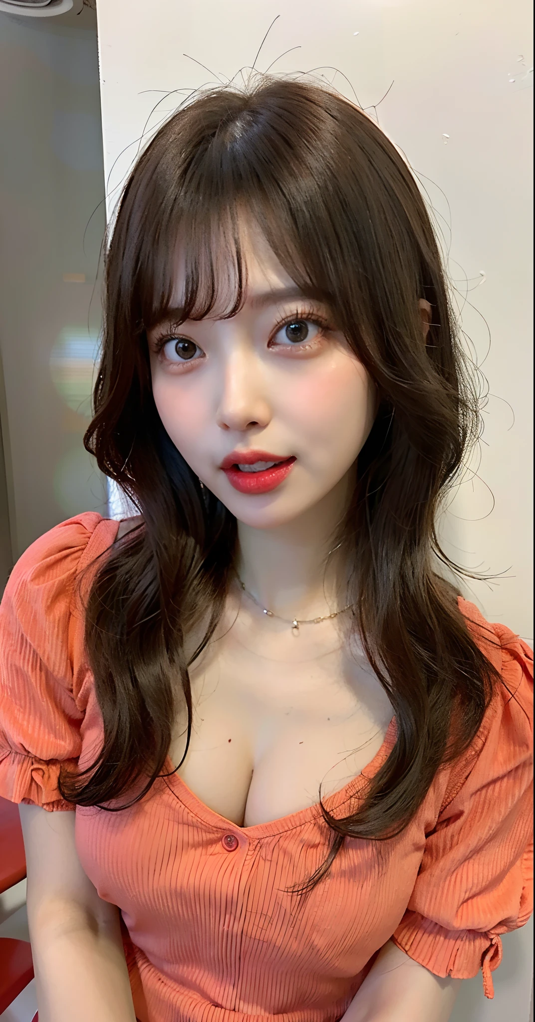 ((Best quality, 8k, Masterpiece :1.3)), 1girl, beautiful woman, (long hair, big breasts: 1.2), ultra-delicate face, delicate eyes, cute smile, dark black hair, bangs, brown eyes, beautiful face, cute girl, cute face, petite, round face, in the forest, wearing a blue jacket