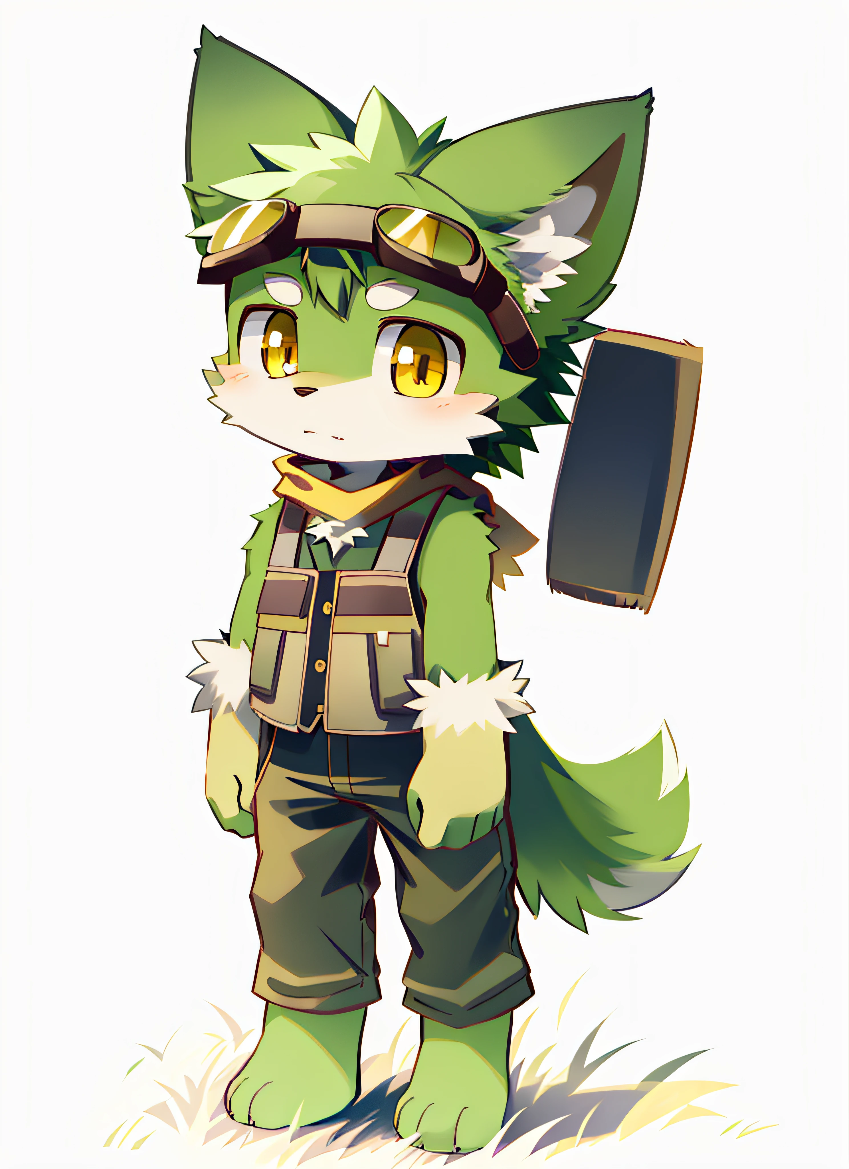 kemono, light golden yellow fur, dark yellow eyes, wolf ears, Khaki welding goggles, Khaki Sleeveless Vest, yellow scarf, full body, simple background, black shorts, lawn, grassland, step on grass, trample on grass, meadow, meadowland, grassland, cute, kid, children, child, childish, innocent, lovely, cub, Standing on the lawn. Serious expression, Serious Eyes, green grassland, green lawn, green grass. lawn, grassland, step on grass, trample on grass, lawn, grassland, step on grass, trample on grass, lawn, grassland, step on grass, trample on grass. Grass that has been trampled flat; Grass that has been trampled flat.