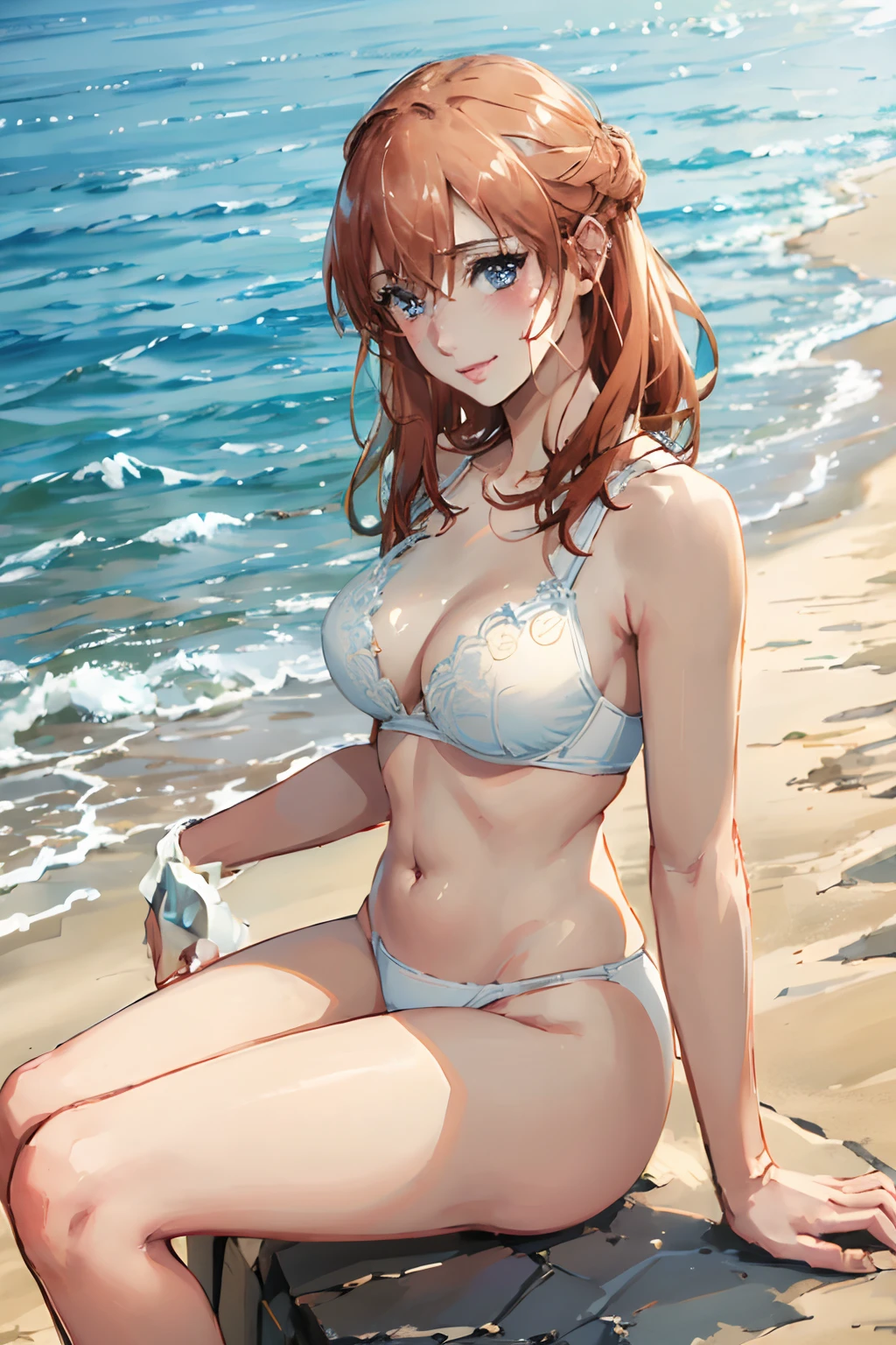 (masterpiece:1.2), (best quality:1.2), (detailed face:1.2), (perfect eyes:1.1),ultra high resolution, orange hair, brown hair, expressive eyes, ,smile,white panties,bra,cameltoe,toes,beach,sand,sea,sun,blush,embarrassed