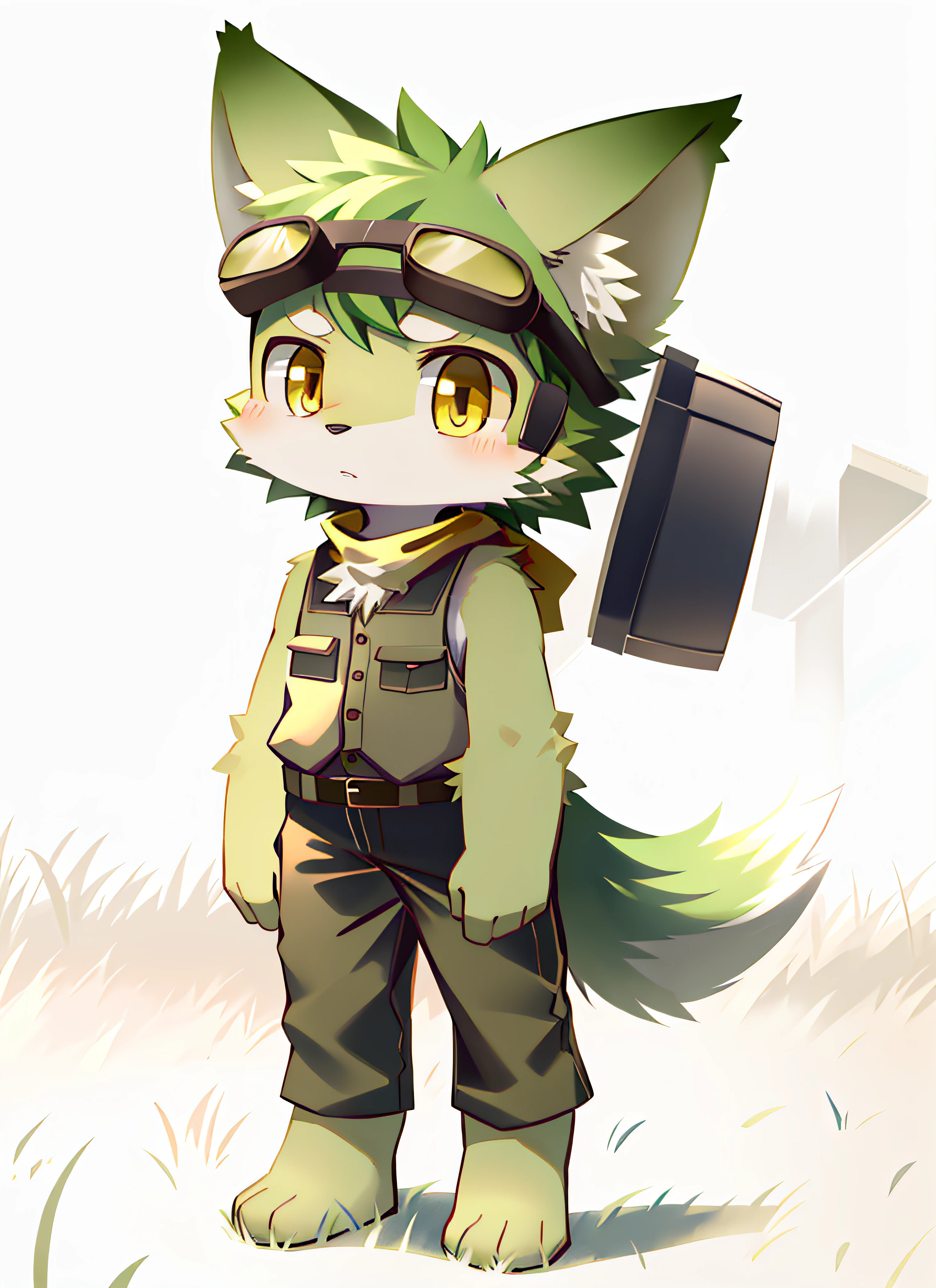 kemono, light golden yellow fur, dark yellow eyes, wolf ears, Khaki welding goggles, Khaki Sleeveless Vest, yellow scarf, full body, simple background, black shorts, lawn, grassland, step on grass, trample on grass, meadow, meadowland, grassland, cute, kid, children, child, childish, innocent, lovely, cub, Standing on the lawn. Serious expression, Serious Eyes, green grassland, green lawn, green grass. lawn, grassland, step on grass, trample on grass, lawn, grassland, step on grass, trample on grass, lawn, grassland, step on grass, trample on grass. Grass that has been trampled flat; Grass that has been trampled flat.