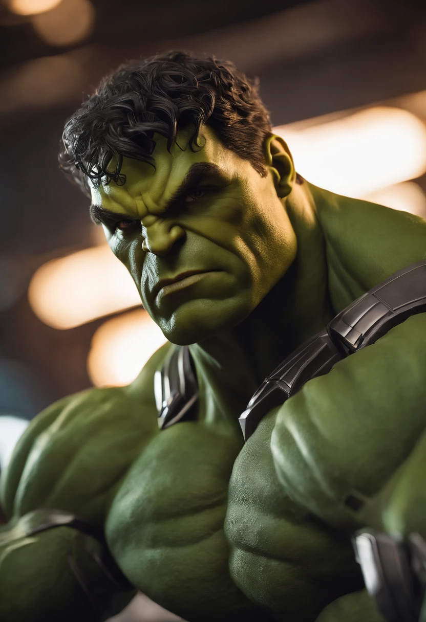 As the Hulk,The visual detail of 8K is grasped to the extreme,HD delicate,Facial expressions are well depicted,The eye details are realistic and godly,The suit details are meticulous,A fusion of Marvel and DC's unique style,Ultra-realistic visuals,Cinematic dynamic composition,Incredible detail,The picture is sharp and clear,The details are exquisitely detailed,The night light creates perfectionism,Award-winning realism style,Moody light effect, wearing technological armor