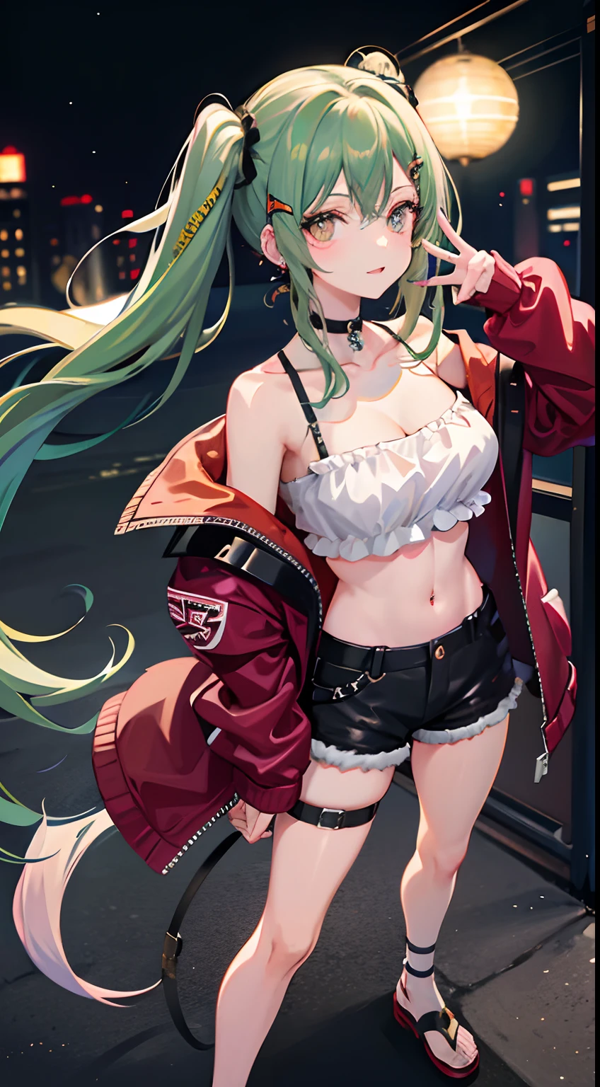 masterpiece, of the highest quality, Highly detailed,The best shading、Anime Art Style、
Beautiful anime face and eyes, full body Esbian, Standing, Good posture, Right hand on hip, The left hand draws a circle、Hold up your little finger、Glowing skin, ear piercings,Shorthair,Low twintail、
Light green hair color,Red inner hair color, Hairpin, (agitation:0.8)、(A big smile:0.9)、Multicolor eye color、Hanging、normal hands, Colossal tits, Bangles on the left hand, Choker,hair pin、
Plaid leather jacket、Patterned Leather Tube Top Shirt、Leather hot pants、sox、Navel、Umbilical piercing、The tattoo、clothes shiny、Ring overhead、
Night, fullmoon, cyberpunk street, Scattered light particles, Blurry background image,