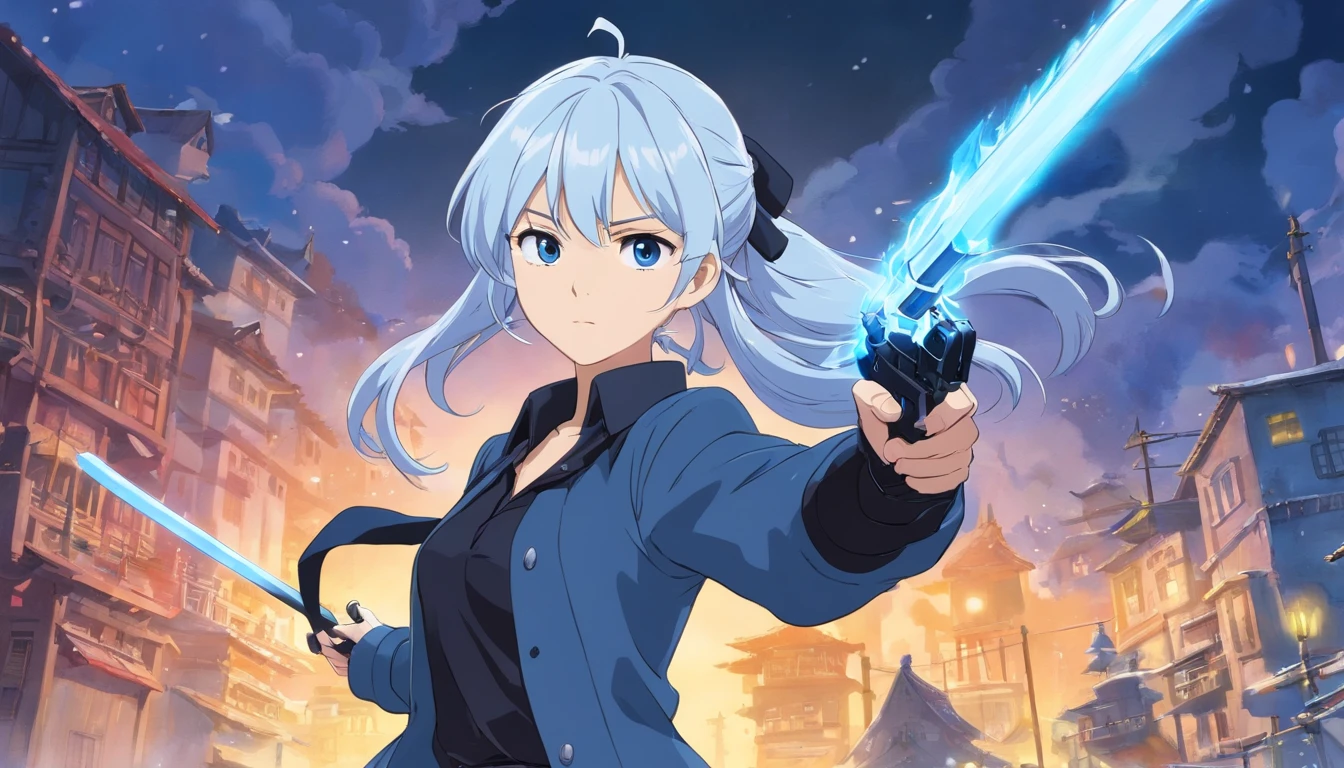 A young woman of 17 years with white hair with light blue and black details like ponytail black eyes a white apocalypse style blouse with black coat a long gray pants with tired and angry look with a scar on the face a relaxed posture holding a white pistol with light blue details with ice power, a light blue glove on his right hand ,uma faca de gelo