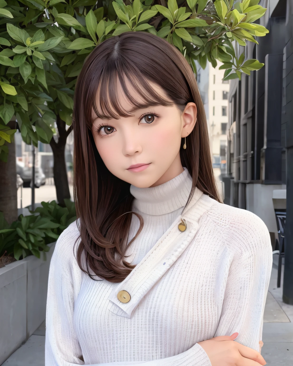 best quality, photorealistic, 8k, high res, 1girl, woman, (skindentation), (portrait:0.6), ((cityscapebackground:1.52)), full color, ((smallsize round breast, highneck sweater:1.5)), straight-looking at viewer:1.8, (1girl eyes looking at viewer:1.45, medium-length hair, blackhair, partedbangs:1.45), (bokeh),