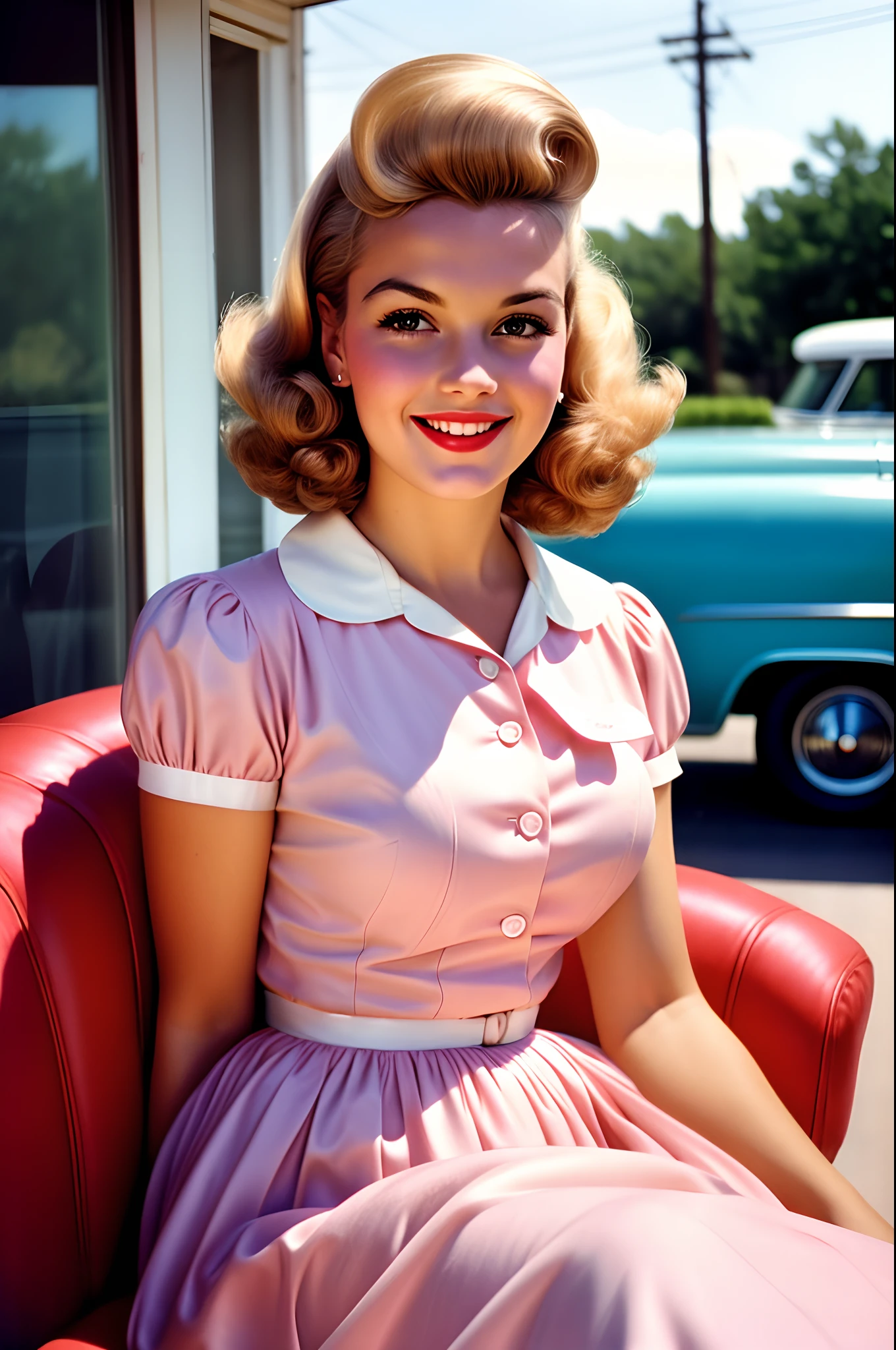 Portrait of a beautiful young housewife, smiling, wearing a pastel pink dress, The picture is taken with an analog camera in the 1950s. People wearing traditional 50s style clothes, people having traditional 50s haircuts, Photo by William Eggleston, 50s look, highly detailed, slightly washed out pastel color, slightly blurred, slightly grainy, film photography