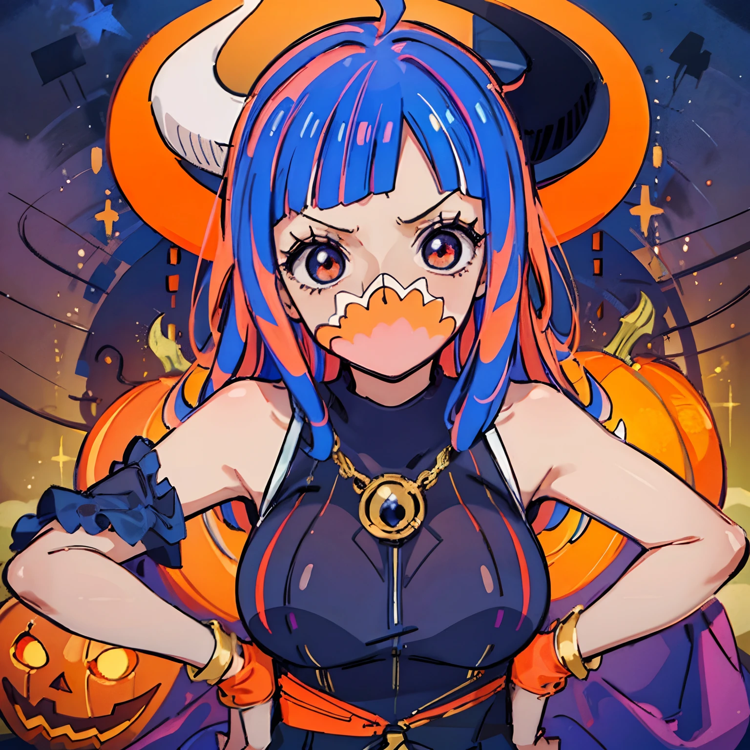 masutepiece, Fine detail, 4K, 8K, 12K, Solo, 1 person, Beautiful Girl, caucasian female, One Piece Uruti, 🎃, Halloween, Black clothes, Orange clothes