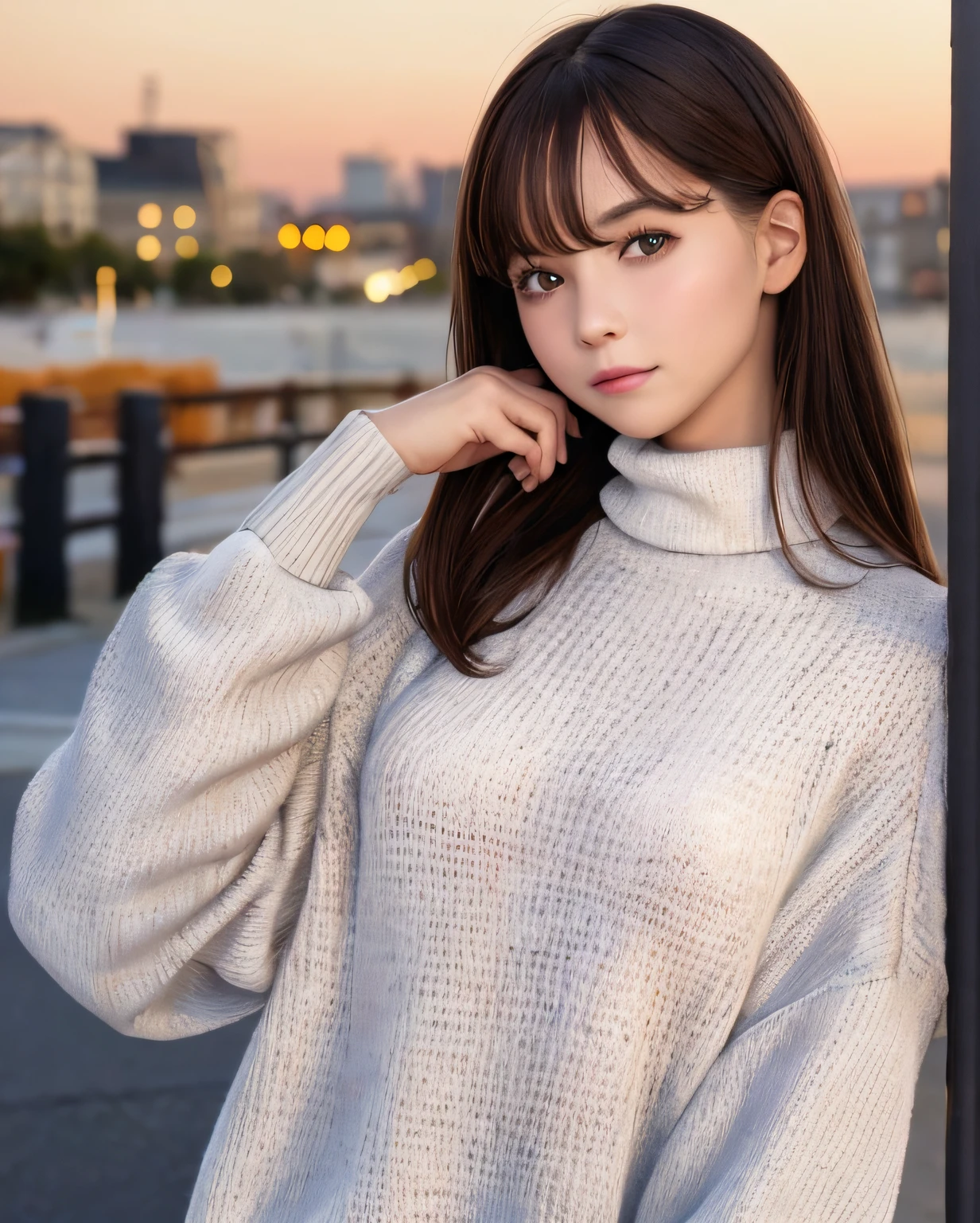 best quality, photorealistic, 8k, high res, 1girl, woman, (skindentation), (portrait:0.6), ((cityscapebackground:1.52)), full color, ((smallsize round breast, highneck sweater:1.5)), straight-looking at viewer:1.8, (1girl eyes looking at viewer:1.45, medium-length hair, blackhair, partedbangs:1.45), (bokeh),