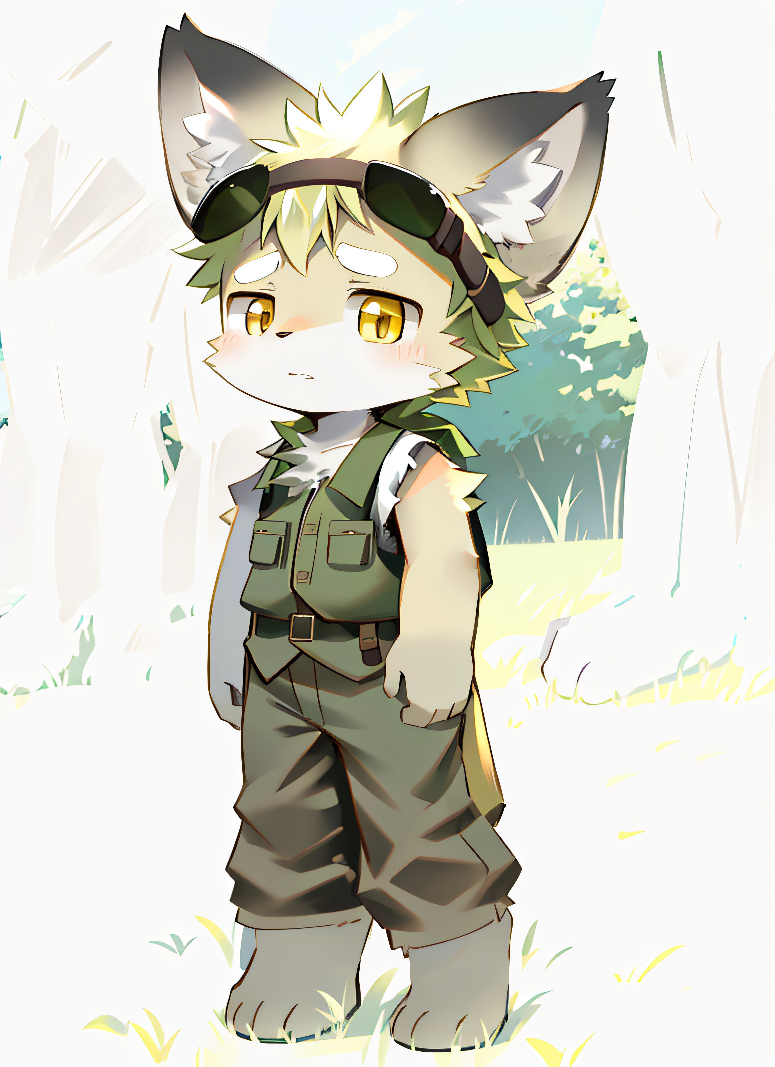 kemono, light golden yellow fur, dark yellow eyes, wolf ears, Khaki welding goggles, Khaki Sleeveless Vest, yellow scarf, full body, simple background, black shorts, lawn, grassland, step on grass, trample on grass, meadow, meadowland, grassland, cute, ???, children, child, childish, innocent, lovely, cub, Standing on the lawn. Serious expression, Serious Eyes, green grassland, green lawn, green grass. lawn, grassland, step on grass, trample on grass, lawn, grassland, step on grass, trample on grass, lawn, grassland, step on grass, trample on grass. Grass that has been trampled flat; Grass that has been trampled flat.