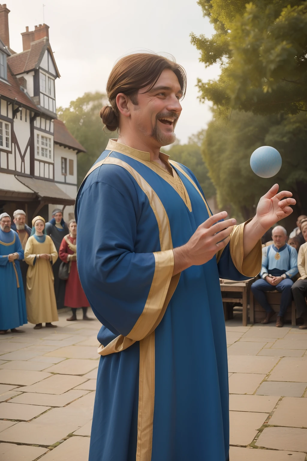Year: 11th century. Location: Farnham, England. Pre-raphaelite scene with a 50-year-old man performing ((juggling)), show, audience watching, fun, smiles, outside in the plaza, ((((11th century poor tunic)))) ((11th century hairstyle)), (((cinematic style)))