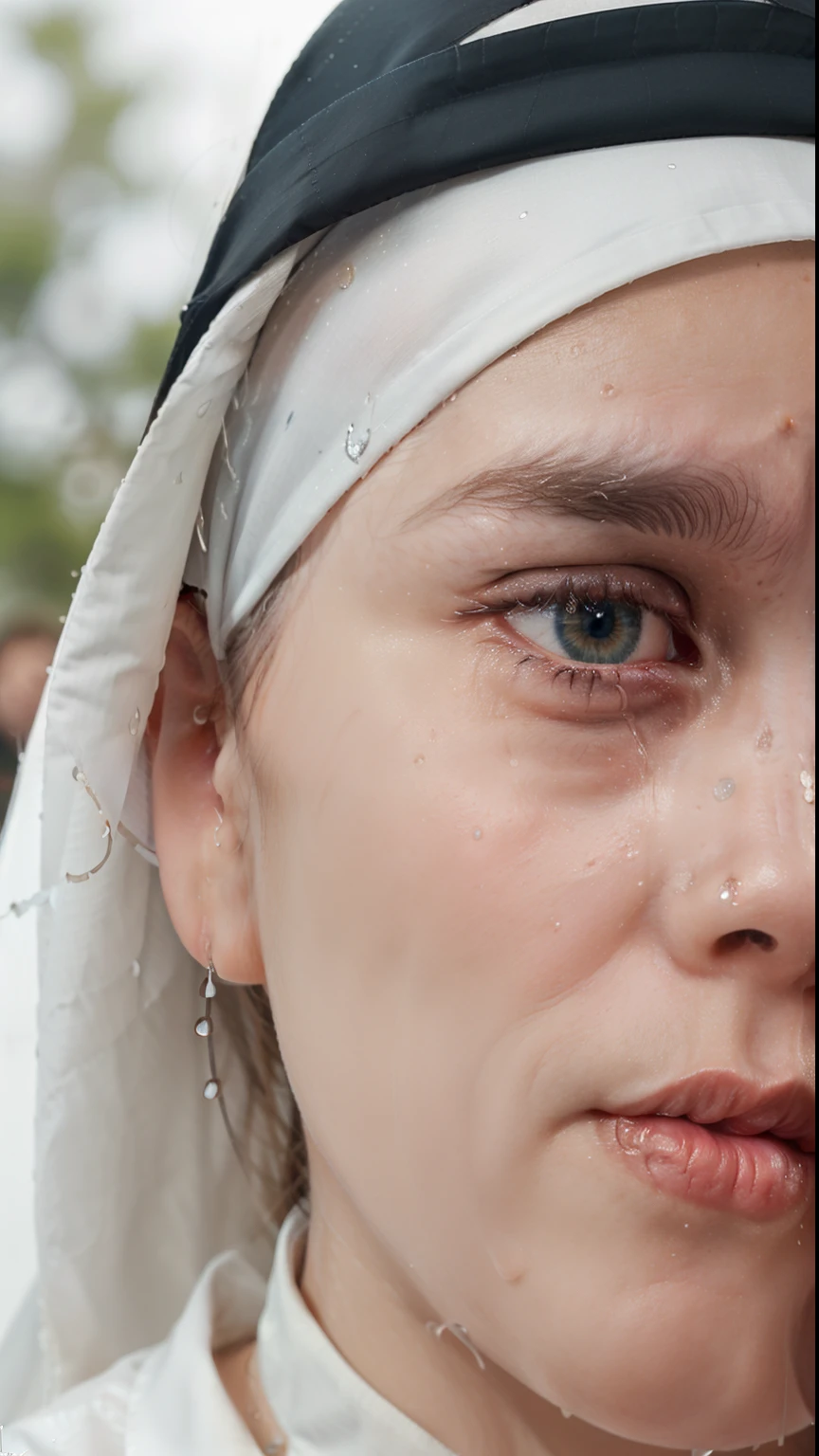 Create a Jewish-style woman with a headscarf crying with a face full of tears, very sad because the other woman is making fun of her