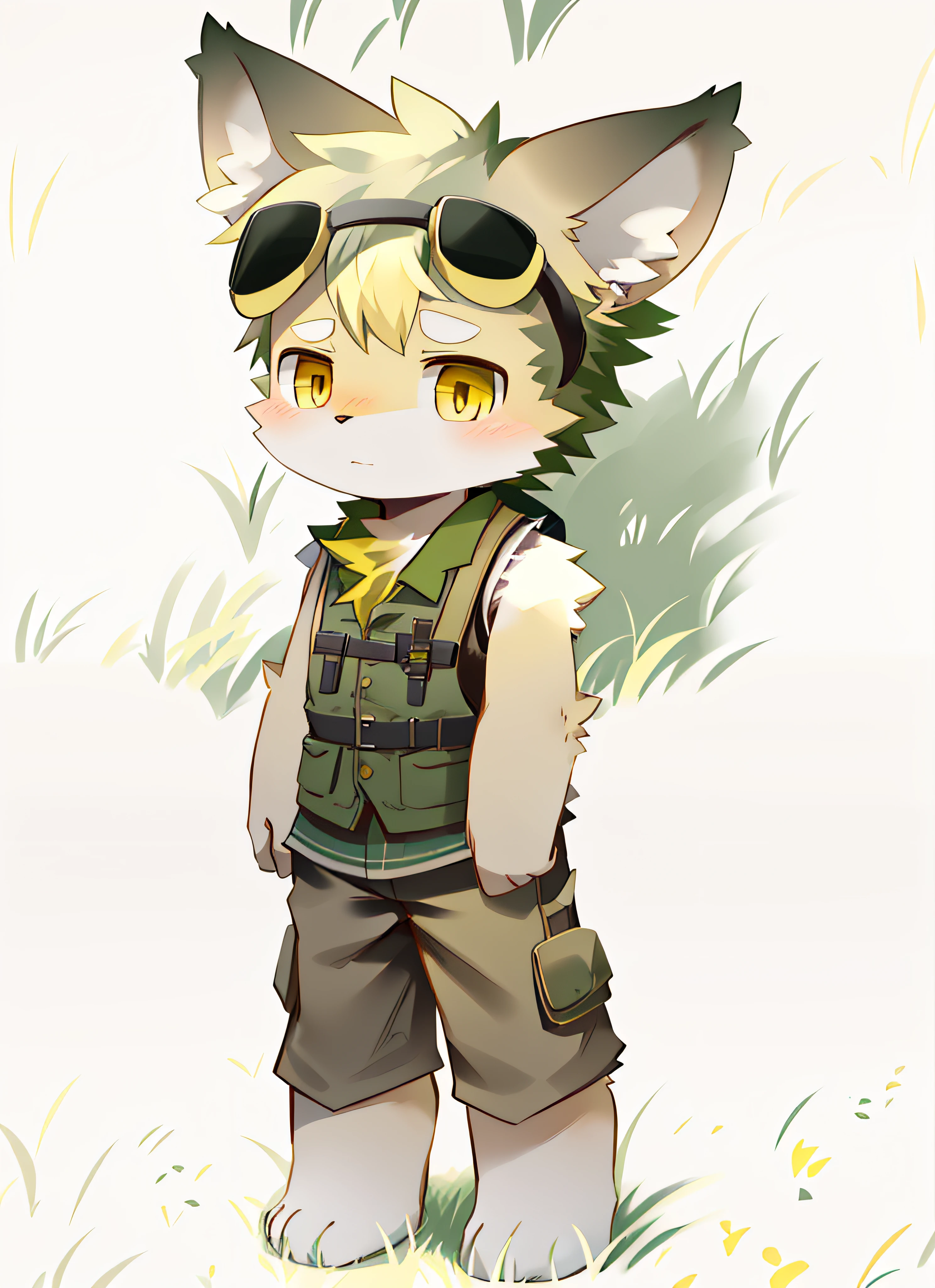 kemono, light golden yellow fur, dark yellow eyes, wolf ears, Khaki welding goggles, Khaki Sleeveless Vest, yellow scarf, full body, simple background, black shorts, lawn, grassland, step on grass, trample on grass, meadow, meadowland, grassland, cute, , chihild, chil innoceovely, cub, Standing on the lawn. Serious expression, Serious Eyes, green grassland, green lawn, green grass. lawn, grassland, step on grass, trample on grass, lawn, grassland, step on grass, trample on grass, lawn, grassland, step on grass, trample on grass. Grass that has been trampled flat; Grass that has been trampled flat.