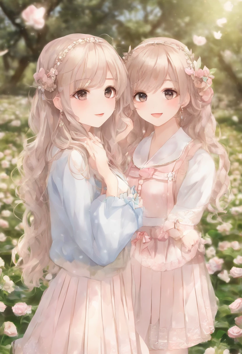 masutepiece, (2girls), Idol, gros-plan, Big eyes, Kawaii Tech, kawaii, Cute, Pastel colors, Best Quality, Happy, Deep background, Symmetrical, Head Tilted、I don't seem to understand it very well、Thinking hard、close、cousin、I have manuscript paper、Hands are held next to the head、Small 4 and 5