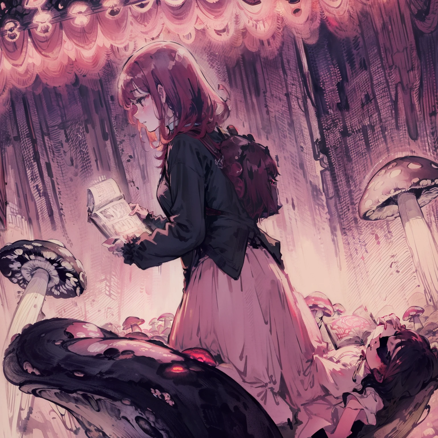 Beautiful and aesthetic,, Solo,Cute,Red hair,pleatedskirt,Dance,Cogumelos,Mushrooms,Huge mushrooms,spore,(glowing ambiance, enchanting glow, luminouslighting, Ethereal atmosphere,Watercolor illustration, Perfect anatomy, Masterpiece, Best quality, 1girll, li,elookbag,Nature, landscape
