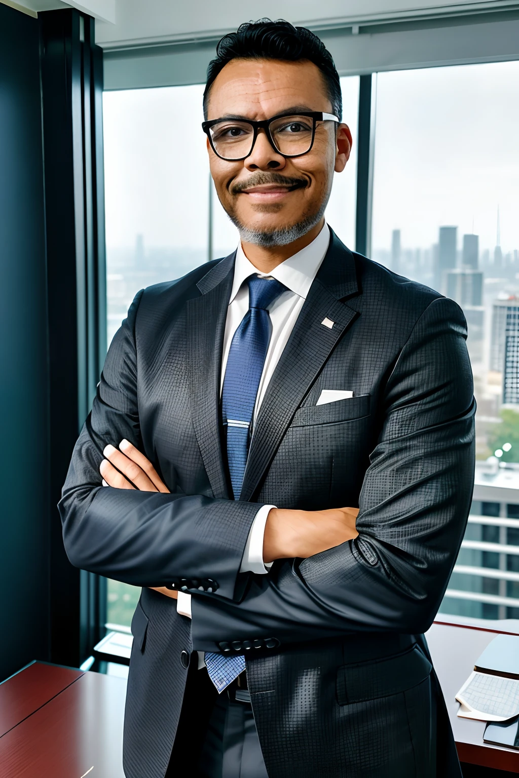 guttoepic2, Create a perfect portrait of a man wearing glasses, dressed in a sharp black suit, with a subtle smile. He is standing with arms crossed, exuding a confident pose in his office located in a high-rise building with large glass windows. The backdrop showcases the city below, with intense blurring of the surrounding buildings. This photograph is intended for advertising a real estate broker. Ensure high-definition details in the face, clothing, and office surroundings. Utilize studio lighting techniques to achieve perfect illumination.