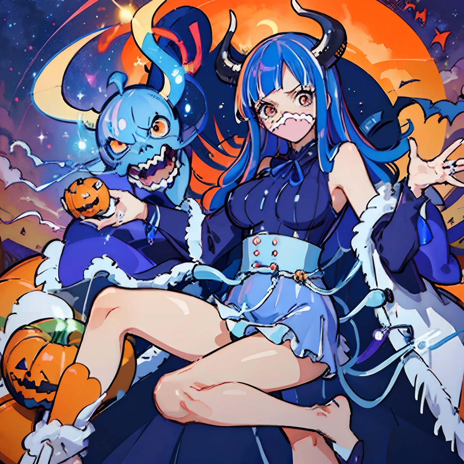 masutepiece, Fine detail, 4K, 8K, 12K, Solo, 1 person, Beautiful Girl, caucasian female, One Piece Ulti, Blue-haired、🎃, Halloween, Black clothes, Orange clothes