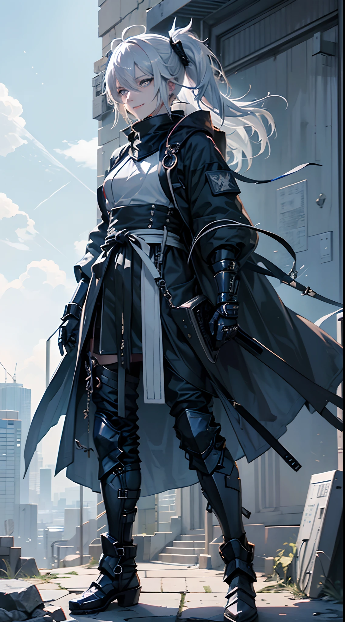 An anime man, Dressed in black modern Shinobi style, White hair messy in the wind, blue eyes, standing on top of a building smiling, dazzling blue light, Sparks of blue light circled the body, dynamic light effects, The energy in the body is overflowing, impressive aura, City background, midnight, full of building light,