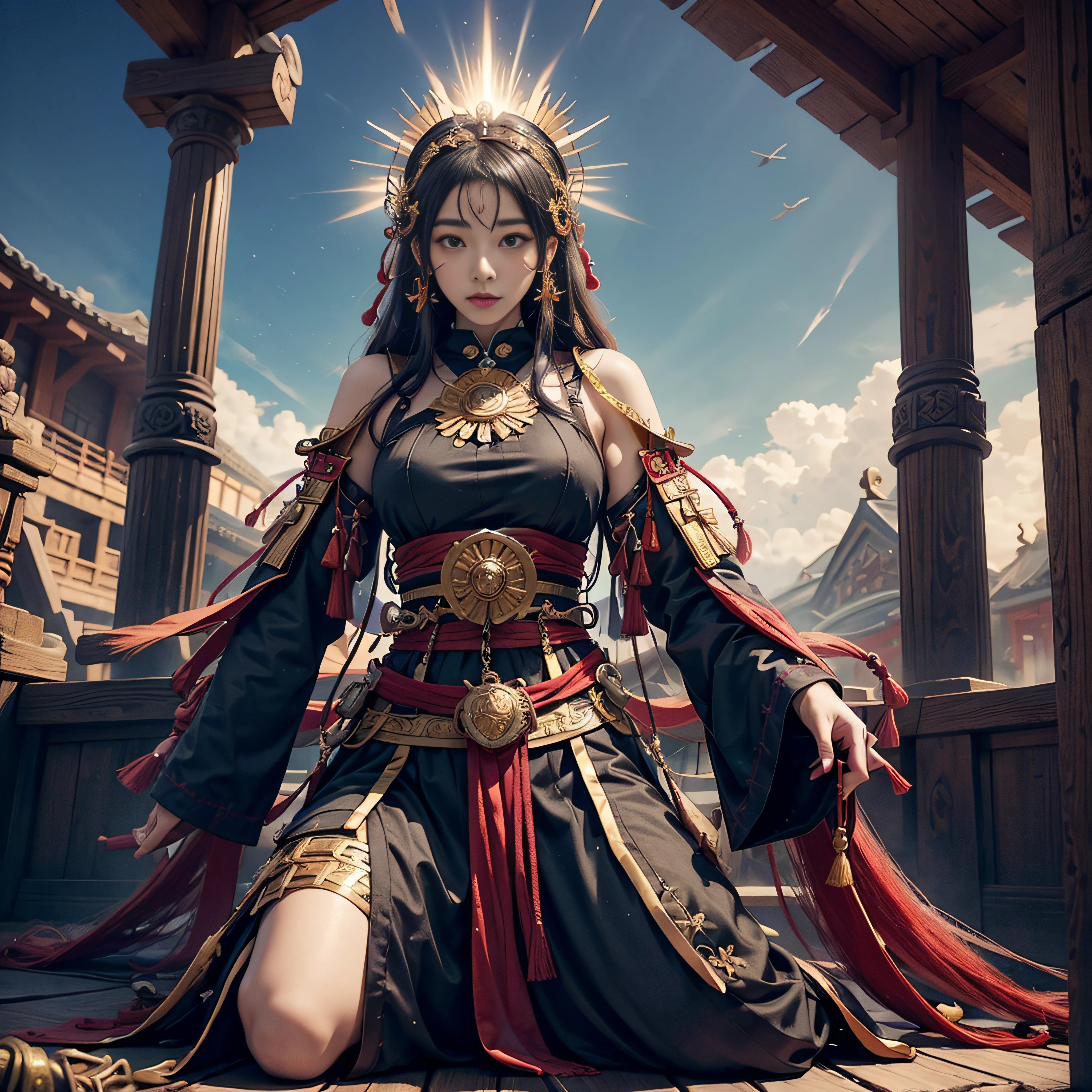 masutepiece, Best Quality,Unity 8k壁纸, ultra-detailliert, Beautiful and aesthetic, Beautiful, Official art, Amaterasu Priestess, SanDisk, Solar Flare Spell, Blessing of the Sun Goddess, divine intervention,Colossal tits、full body Esbian、A bell hangs on his chest